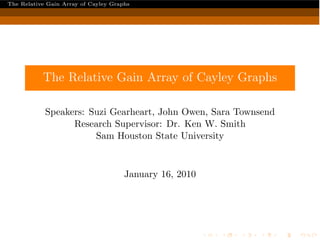 The Relative Gain Array of Cayley Graphs
The Relative Gain Array of Cayley Graphs
Speakers: Suzi Gearheart, John Owen, Sara Townsend
Research Supervisor: Dr. Ken W. Smith
Sam Houston State University
January 16, 2010
 
