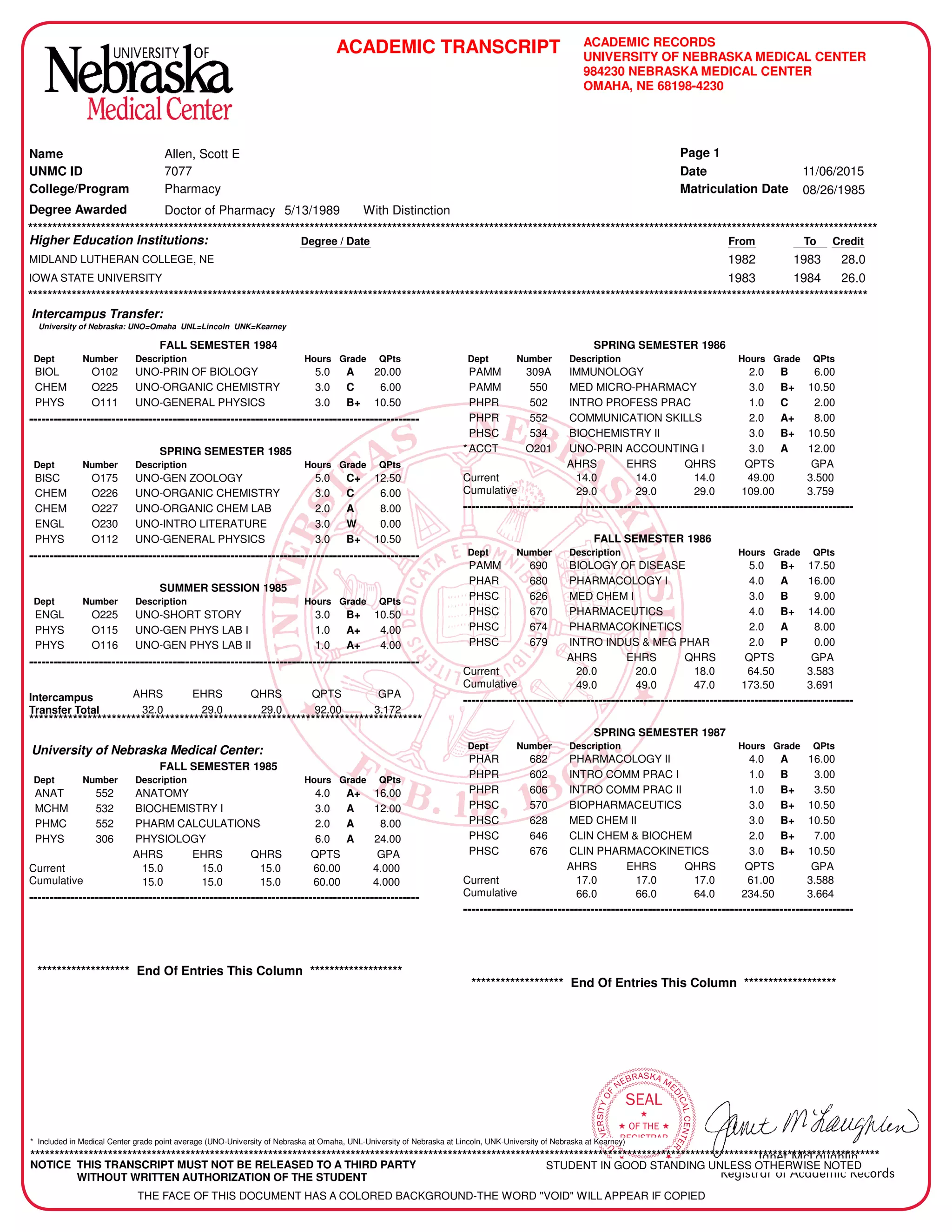Janet McLaughlin
Registrar of Academic Records

OMAHA 
UNIVERSITYOF
NEBRASKA ME
DICALCENTER
SEAL

 OF THE 
REGISTRAR
ACADEMIC TRANSCRIPT ACADEMIC RECORDS
UNIVERSITY OF NEBRASKA MEDICAL CENTER
984230 NEBRASKA MEDICAL CENTER
OMAHA, NE 68198-4230
College/Program Pharmacy
Name
UNMC ID Date
Matriculation Date
11/06/2015
08/26/1985
Allen, Scott E
7077
Page 1
Doctor of PharmacyDegree Awarded 5/13/1989 With Distinction
Higher Education Institutions:
*******************************************************************************************************************************************************************************
Degree / Date CreditFrom To
MIDLAND LUTHERAN COLLEGE, NE 1982 1983 28.0
IOWA STATE UNIVERSITY 1983 1984 26.0
*****************************************************************************************************************************************************************************
Intercampus Transfer:
University of Nebraska: UNO=Omaha UNL=Lincoln UNK=Kearney
FALL SEMESTER 1984
Dept Number Description Hours Grade QPts
BIOL O102 UNO-PRIN OF BIOLOGY 5.0 A 20.00
CHEM O225 UNO-ORGANIC CHEMISTRY 3.0 C 6.00
PHYS O111 UNO-GENERAL PHYSICS 3.0 B+ 10.50
-----------------------------------------------------------------------------------------------
SPRING SEMESTER 1985
Dept Number Description Hours Grade QPts
BISC O175 UNO-GEN ZOOLOGY 5.0 C+ 12.50
CHEM O226 UNO-ORGANIC CHEMISTRY 3.0 C 6.00
CHEM O227 UNO-ORGANIC CHEM LAB 2.0 A 8.00
ENGL O230 UNO-INTRO LITERATURE 3.0 W 0.00
PHYS O112 UNO-GENERAL PHYSICS 3.0 B+ 10.50
-----------------------------------------------------------------------------------------------
SUMMER SESSION 1985
Dept Number Description Hours Grade QPts
ENGL O225 UNO-SHORT STORY 3.0 B+ 10.50
PHYS O115 UNO-GEN PHYS LAB I 1.0 A+ 4.00
PHYS O116 UNO-GEN PHYS LAB II 1.0 A+ 4.00
-----------------------------------------------------------------------------------------------
*********************************************************************************
Intercampus
Transfer Total
AHRS EHRS QHRS QPTS GPA
32.0 29.0 29.0 92.00 3.172
University of Nebraska Medical Center:
FALL SEMESTER 1985
Dept Number Description Hours Grade QPts
ANAT 552 ANATOMY 4.0 A+ 16.00
MCHM 532 BIOCHEMISTRY I 3.0 A 12.00
PHMC 552 PHARM CALCULATIONS 2.0 A 8.00
PHYS 306 PHYSIOLOGY 6.0 A 24.00
Current 15.0 15.0 15.0 60.00 4.000
15.0 15.0 15.0 60.00 4.000
-----------------------------------------------------------------------------------------------
Cumulative
QHRS QPTS GPAAHRS EHRS
******************* End Of Entries This Column *******************
SPRING SEMESTER 1986
Dept Number Description Hours Grade QPts
PAMM 309A IMMUNOLOGY 2.0 B 6.00
PAMM 550 MED MICRO-PHARMACY 3.0 B+ 10.50
PHPR 502 INTRO PROFESS PRAC 1.0 C 2.00
PHPR 552 COMMUNICATION SKILLS 2.0 A+ 8.00
PHSC 534 BIOCHEMISTRY II 3.0 B+ 10.50
*ACCT O201 UNO-PRIN ACCOUNTING I 3.0 A 12.00
Current 14.0 14.0 14.0 49.00 3.500
29.0 29.0 29.0 109.00 3.759
-----------------------------------------------------------------------------------------------
Cumulative
QHRS QPTS GPAAHRS EHRS
FALL SEMESTER 1986
Dept Number Description Hours Grade QPts
PAMM 690 BIOLOGY OF DISEASE 5.0 B+ 17.50
PHAR 680 PHARMACOLOGY I 4.0 A 16.00
PHSC 626 MED CHEM I 3.0 B 9.00
PHSC 670 PHARMACEUTICS 4.0 B+ 14.00
PHSC 674 PHARMACOKINETICS 2.0 A 8.00
PHSC 679 INTRO INDUS & MFG PHAR 2.0 P 0.00
Current 20.0 20.0 18.0 64.50 3.583
49.0 49.0 47.0 173.50 3.691
-----------------------------------------------------------------------------------------------
Cumulative
QHRS QPTS GPAAHRS EHRS
SPRING SEMESTER 1987
Dept Number Description Hours Grade QPts
PHAR 682 PHARMACOLOGY II 4.0 A 16.00
PHPR 602 INTRO COMM PRAC I 1.0 B 3.00
PHPR 606 INTRO COMM PRAC II 1.0 B+ 3.50
PHSC 570 BIOPHARMACEUTICS 3.0 B+ 10.50
PHSC 628 MED CHEM II 3.0 B+ 10.50
PHSC 646 CLIN CHEM & BIOCHEM 2.0 B+ 7.00
PHSC 676 CLIN PHARMACOKINETICS 3.0 B+ 10.50
Current 17.0 17.0 17.0 61.00 3.588
66.0 66.0 64.0 234.50 3.664
-----------------------------------------------------------------------------------------------
Cumulative
QHRS QPTS GPAAHRS EHRS
******************* End Of Entries This Column *******************
* Included in Medical Center grade point average (UNO-University of Nebraska at Omaha, UNL-University of Nebraska at Lincoln, UNK-University of Nebraska at Kearney)
*******************************************************************************************************************************************************************************
NOTICE THIS TRANSCRIPT MUST NOT BE RELEASED TO A THIRD PARTY
WITHOUT WRITTEN AUTHORIZATION OF THE STUDENT
STUDENT IN GOOD STANDING UNLESS OTHERWISE NOTED
THE FACE OF THIS DOCUMENT HAS A COLORED BACKGROUND-THE WORD "VOID" WILL APPEAR IF COPIED
-
CopyofOfficialTranscript
-
 