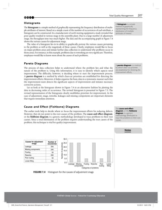 Total Quality Management 207
NMIMS Global Access - School for Continuing Education
Histograms
The histogram is a simple method of graphically representing the frequency distribution of multi-
ple attributes of interest. Based on a simple count of the number of occurrences of each attribute, a
histogram can be constructed. In a manufacturer of earth moving equipment a study revealed that
poor quality resulted in various snags in the assembly plant. Due to a large number of adjustment
snags, the throughput time was much higher. The data and the accompanying graph in Figure 7.4
shows the various causes for adjustment snags.
The value of a histogram lies in its ability to graphically portray the various causes pertaining
to the problem as well as the magnitude of these causes. Clearly, employees would like to focus
on major problem areas and initiate further data collection to understand why problems occur in
those areas. For instance, in this example, problems due to reworking are very significant. Therefore,
employees would like to know more about the causes of such problems.
Pareto Diagrams
The process of data collection helps to understand where the problem lies and what the
nature of the problem is. Using this information, it is easy to identify which aspects need
improvement. The difficulty, however, is deciding where to start the improvement process.
A pareto diagram is a method by which clear-cut priorities are established for directing the
improvement efforts. Moreover, it helps organize the basic data in a systematic manner such that
the improvement team detects the significant aspects of improvement and initiates necessary
corrective actions.
Let us look at the histogram shown in Figure 7.4 in an alternative fashion by plotting the
data in decreasing order of occurrence. The revised histogram is presented in Figure 7.5. The
revised representation of the histograms clearly establishes priorities for improvement. In the
case of adjustment, snags, reworks, leakages and missing components are important elements
that require immediate attention.
Cause and Effect (Fishbone) Diagrams
The earlier tools help to decide where to focus the improvement efforts for reducing defects.
However, they do not point to the root causes of the problem. The cause and effect diagram,
or the fishbone diagram, is a generic methodology developed to trace problems to their root
causes. Since a total elimination of the problem requires understanding the root causes of the
problem, this technique is vital for quality improvement.
A histogram is a simple
method of graphically
representing the frequency
distribution of multiple
attributes of interest.
A pareto diagram is a method
by which clear-cut priorities
are established for directing the
improvement efforts.
The cause and effect
diagram, or the fishbone
diagram, is a generic
methodology developed to
trace the problems to their root
causes.
Causes for adjustment
snags
Number of
occurences
Leakage
Missing components
Fouling
Reworks
Poor routing
Loose filling
250
240
50
260
50
150
Poor
routing
Loose
fitting
Reworks
Fouling
Missing
components
Leakage
Categories of problems
Number
of
occurences
30.0
25.0
20.0
15.0
10.0
5.0
0.0
FIGURE 7.4 Histogram for the causes of adjustment snags
Notes
JSNR_DreamTech Pearson_Operations Management_Text.pdf 217 5/3/2019 12:00:13 PM
 
