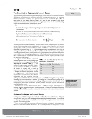 Plant Layout 71
NMIMS Global Access - School for Continuing Education
The Quantitative Approach to Layout Design
The quantitative method in making layout designs uses certain measures for assessing the impact
of the layout and seeks to arrive at the best method for locating the departments. Let us assume
that we are interested in arriving at an appropriate layout for six departments (1 to 6). The six
departments are to be located in six locations (A to F). Since the basic purpose of a good layout
design is to minimize excessive travel of jobs over long distances, let us use the material-handling
cost as the basis for designing an appropriate layout.
Let,
Cij denote the cost per unit of transporting a unit distance from Department i to
Department j
Fij denote the interdepartmental flow between Department i and Department j
Dij denote the distance between Department i and Department j
n denote the number of departments to be laid out
The total cost of the plan is given by: TC =
=
=
∑
∑ F D C
ij
F
F ij ij
j
n
i
n
1
1
(3.1)
The interdepartmental flows, the distance between the blocks, and cost information are gathered
during a layout planning exercise, as indicated in the previous section. Therefore, once the deci-
sion regarding which department will be located in which block is made, the total cost of the
plan could be computed using Eq. 3.1. The use of the quantitative method requires some logic for
arriving at the best layout. The above can be modelled as a mathematical programming problem
with the objective function of minimizing the total cost of the plan. The mathematical program-
ming problem is one of assigning the department to the blocks, subject to the constraint that one
block can hold only one department. Further, the number of blocks assigned should be equal to
the number of departments.
A popular heuristic for the assignment
problem forms the basis for the computerized
procedure known as computerized relative
allocation of facilities (CRAFT). CRAFT
utilizes the improvement method for obtain-
ing the best layout. In CRAFT, an initial feasi-
ble layout is formed and a series of
improvementopportunitiesexploredthrough
a pair-wise exchange of departments. If there
are n departments, a pair-wise comparison
involves n(n – 1)/2 evaluations. After all these
evaluations, the best possible pair-wise
exchange is identified. If further reduction in the cost is possible by making this change, then the
location of the two departments is changed. For example, in a six-department example, let us
assume that the cost reduction by pair-wise exchange of departments is as shown in Table 3.7 for
four pairs (we shall further assume that all other pair-wise exchanges result in an increase in
material-handling costs).
Therefore, the location of Departments 3 and 5 will be exchanged. If the total cost of
material handling at the beginning of this iteration was `20,000 the new material-handling
cost will be `19,650. The procedure continues in this manner until no more improvement is
possible.
Software Packages for Layout Design
Solving layout problems using manual methods is rather difficult when the number of depart-
ments is more than 10. In most realistic situations, such numbers are common. Therefore, the
use of computerized methods is inevitable. In response to these requirements, several software
packages have been developed.
There are three underlying approaches to the use of computer packages for designing layouts.
One is the construction method. In this method, the solution begins with an empty layout solution
Computerized relative
allocation of facilities
(CRAFT) is a computerized
procedure that utilizes the
improvement method for
obtaining the best layout.
TABLE 3.7 Cost Reduction by Pair-wise
Exchange of Departments
Department Pair (i, j) Cost Reduction
(1,4) 250
(3,5) 350
(2,4) 150
(5,6) 110
Notes
JSNR_DreamTech Pearson_Operations Management_Text.pdf 81 5/3/2019 12:00:01 PM
 