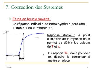 7. Correction des Systèmes
 Étude en boucle ouverte :
La réponse indicielle de notre système peut être
« stable » ou « instable » :
Réponse stable : le point
d’inflexion de la réponse nous
permet de définir les valeurs
de T et .
Du rapport T/, nous pouvons
en déduire le correcteur à
mettre en place.
19
04/01/25
 