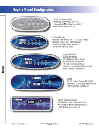 Duplex Panel Configurations

                                                                                VL20 (LCD Lite Digital)
                                                                                VL200
                                                                                   52312 with Overlay PN 11127
                                                                                PN 5
                                                                                 Co
                                                                                 Connects to Main Board terminal J1
                                                                                 DIP Switch A3 must be on




                                                                             VL240 (MVP240)
                                 Jets 2 Jets 1 Temp Light                    PN 55569 with Overlay PN 11764 (Gray Plastic)
                                                                             PN 53636 with no O/L (White Plastic)
                                                                              Connects to Main Board terminal J1
                                                                              DIP Switch A3 must be on


                                                                                            VL260 (MVP260)
                                                                                            Overlay PN 11725
                                             Jets   Jets    Temp Light
                                                                                            PN 55049 with White Plastic
                                                                                            PN 55050 with Gray Plastic
                                                                                            PN 55051 with Clear Plastic
                                                                                             Connects to Main Board terminal J1
DUPLEX




                                                                                             DIP Switch A3 must be on




                                                                                                 VL400
                                                                                                 PN 55129 with Overlay PN 11822
                                                                                                  Connects to Main Board terminal J1
                                                                                                  DIP Switch A3 must be off




                                                                                       VL401 (LCD Lite Digital)
                                                                                       PN 54251-01 with Overlay PN 11671
                                                                                        Connects to Main Board terminal J1
                                                                                        DIP Switch A3 must be off




         http://www.MyPoolSpas.com                          Wholesale Page and Spa Parts
                                                                      Pool 12                                   920-925-3094
                                                                                                                        54848_97_A
 