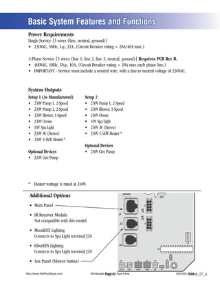 Basic System Features and Functions
 Power Requirements



                                                                                  Requires PCB Rev B.




 System Outputs
 Setup 1 (As Manufactured)   Setup 2




                                         (Stereo)
              (Stereo)

                             Optional Devices
 Optional Devices




  Additional Options                                                                                                    J71
                                                                                        J2A J1A




                                                    J1


                                                    J2




                                                                                                                                                       1
                                                                                                                                                 J18
                                                    J10
                                                                                                                    U4

                                                                                                                                     J19


                                                                                                                               J12
                                                    J60                          J7               J8          J44
                                                              1             1             1               1         1
                                                              J22




                                                                                                                                     1
                                                    EXT RLY         AUX F       SEN A             SEN B       VAC        J11

http://www.MyPoolSpas.com       Wholesale Pool and Spa Parts
                                          Page 3                                                                                           920-925-3094
                                                                                                                                                   54848_97_A
 