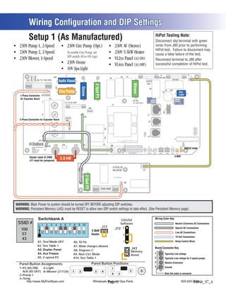 Wiring Configuration and DIP Settings
          Setup 1 (As Manufactured)                                                                                                                                                                                                        HIPot Testing Note:
                                                                                                                                                                                                                                           Disconnect slip terminal with green
                                                                                                                                                                                     (Stereo)                                              wires from J90 prior to performing
                                                                                                                                                                                                                                           HiPot test. Failure to disconnect may
                                                                        To enable Circ Pump, set
                                                                                                                                                                                                                                           cause a false failure of the test.
                                                                        DIP switch A9 to ON (up).
                                                                                                                                                                                                                                           Reconnect terminal to J90 after
                                                                                                                                                                                                                                           successful completion of HiPot test.

                                                                   AV                                                                                                                                                                                 F7                                                              F1   J13
                                                   J50                                          J29                     J23                                       K6                K1                                                              F10A 250V
                                                                                                OZONE                  PUMP 1              K9
                                                                                                                                                                                                                                                                                   F3A 250V
        J52             J51 F6, T30A 480V
                        J
                                                          Audio Visual
                                                           G N
                                                                                                                                                                                                                        J46




                                                                                                                                                                                               Blower
                                                                                                                      2-Spd P1
                                                                                                                      1-Spd P1
                                                                                                Ozone
                                                    J47




                                                                        CIRC. PUMP
                                                                                                                                                                                                                             K8
                                                                                                                                                                                                                                                                   K5          J20
                                                          Circ Pump




                                                                                                                                                                                                  N
                                 J25
                                   5                       G N                                                                                                                                                                                               C9                                     Spa
                                                                                                   N




                                                                                                                          N
                                                                                                                                                                                                                                                                                                    G   N
                                 J32
                                   2                                                                                                                                                                                                                                                                Light




                                                                                                                                                                                                  G
   1-Phase Connection
                                                                                                  G




                                                                                                                         G                                                                                                                                                               F3
   for Expander Board                        TB1                                                                                                                                                                        10VAC




                                                                                                                                                                                                                                                                                                          10VAC
                                                                                                                                                                                               J17/26                   J72
                                   1                           F4, T0.2A 250V                                                                                                                  OPT. BLWR/PUMP 2                                                                               J71
                                                                                                                                                T1
                                                                                                             J58




                                                                                                                                                                                                                                                             J2A J1A
                                   2                                                                                                                                                                                    J1
                                                                                                     W2
  3-Phase Connection for Expander Board                            J28
                                                                     8
                                                                                                                                                                                                                         J2
                                   3
                                                                          J26
                                                                            6




                                                                                                                                      K3




                                                                                                                                                                                                                                                                                                                                       1
                                                                                                                                                                                                                                                                                                                                 J18
                                   4                                                                                                                                                                              J43   J10
                                                                                                                                      K4




                                                                                                                                                                                                                                                                                         U4
                            J57
                                                                                                                                                                       F2

                Balboa
                                                                                                                                                                                                                                                                                                              J19

                                                   HTR2     J101                     HTR1         00                               K2                                          S1
                                             W1                                                                                            J90                                                                                                                                                          J12
               BALBOA INSTRUMENTS, INC.                                                                                                                                                                                  J60                          J7               J8          J44
                                                                                                                                                                                                                  J6
                                                                                                                                                                                                                                                                                                                    GS52xZ mode
                                                                                                                                                                       E.GND




               GS500Z                                                                                                                                                                                                             1             1              1               1         1
               COPYRIGHT 2007           Pb
                                        Pb

                                                                                                                                                                                                                                  J22
               MADE IN U.S.A.                                                                                                                                                                                     TST                                                                                         1
               P/N 22015_B                                                                                                                                                               SWITCHBANK A                   EXT RLY         AUX F        SEN A             SEN B       VAC        J11



              Heater rated @ 240V                                                                                                                                                                                                                                                        3.0kW
              J11 must be Jumpered
                                                          3.0 kW

                                                                                                                                                X-P332 CE
                                                                                                                                                PN 55138                                                      J7
                                                                                                J1
                                                                                                      2-Spd P2
                                                                                                      R




                                                                                                                                                     P/N 22909 REV B
                                                                                            W1
                                                                                                         B




                                                                                                                                                                            J6
                                                                                                           W G




                                                                                                                                 F30A 480V




WARNING: Main Power to system should be turned OFF BEFORE adjusting DIP switches.
WARNING: Persistent Memory (J43) must be RESET to allow new DIP switch settings to take effect. (See Persistent Memory page)

                                                                                                                                                                                                                                          Wiring Color Key
                                                                                                                                                                 GS525Z
 SSID #                                                                                                                                                          Software                                                                                                                    Neutral (Common) AC Connections
                                                                                                                                  J11                 J12               3
   100                                                                                                             3.0kW
                                                                                                                                                                                                                                                                                             Special AC Connections

   57                                                                                                              Heater                                                2
                                                                                                                                                                                                                                                                                             Line AC Connections
                                                                                                                                                                                                                                                                                             10 Volt Connections
   43
                         A1, Test Mode OFF                                           A6, 50 Hz                                                                            1                                                                                                                  Relay Control Wires
                         A2, See Table 1                                             A7, Mode changes allowed
                                                                                                                                                                                            J43                                           Board Connector Key
                                                                                     A8, Degrees C                                                                                          Memory
                                                                                     A9, Non-Circ Mode                                                                                      Reset
                                                                                                                                                                                                                                          1                        Typically Line voltage
                          A5, 2-speed P2
                              P2 Disabled                                            A10, See Table 1                                                                                                                                     2                        Typically Line voltage for 2-speed pumps
                                                                                                                                                                                                                                          3
  Panel Button Assignments                                                                                         Panel Button Positions                                                                                                                          Neutral (Common)
                                                                                                                                                                                                                                          4
  1=P2 (A5 ON)    4=Light                                                                                                                    1                                                                                                                     Ground
    N/A (A5 OFF) A=Blower (J17/26)                                              1           2                        3            4                                                       3               A
                                                                                                                                             4               2                                                                                                     Note flat sides in connector
  2=Pump 1
  3=Temp
      http://www.MyPoolSpas.com                                                                                     Wholesale Pool and Spa Parts
                                                                                                                              Page 5                                                                                                                                                                     920-925-3094
                                                                                                                                                                                                                                                                                                                 54848_97_A
 