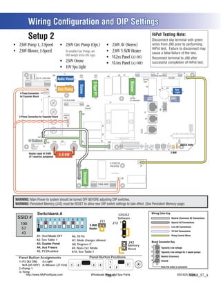 Wiring Configuration and DIP Settings
          Setup 2                                                                                                                                                                                                                         HIPot Testing Note:
                                                                                                                                                                                                                                          Disconnect slip terminal with green
                                                                                                                                                                                    (Stereo)                                              wires from J90 prior to performing
                                                                                                                                                                                                                                          HiPot test. Failure to disconnect may
                                                                        To enable Circ Pump, set
                                                                                                                                                                                                                                          cause a false failure of the test.
                                                                        DIP switch A9 to ON (up).
                                                                                                                                                                                                                                          Reconnect terminal to J90 after
                                                                                                                                                                                                                                          successful completion of HiPot test.

                                                                   AV                                                                                                                                                                                F7                                                              F1   J13
                                                   J50                                          J29                    J23                                       K6                K1                                                              F10A 250V
                                                                                                OZONE                 PUMP 1              K9
                                                                                                                                                                                                                                                                                  F3A 250V
        J52             J51 F6, T30A 480V
                        J
                                                          Audio Visual
                                                           G N
                                                                                                                                                                                                                       J46




                                                                                                                                                                                              Blower
                                                                                                                     2-Spd P1
                                                                                                                     1-Spd P1
                                                                                                Ozone
                                                    J47




                                                                        CIRC. PUMP
                                                                                                                                                                                                                            K8
                                                                                                                                                                                                                                                                  K5          J20
                                                          Circ Pump




                                                                                                                                                                                                 N
                                 J25
                                   5                       G N                                                                                                                                                                                              C9                                     Spa
                                                                                                   N




                                                                                                                         N
                                                                                                                                                                                                                                                                                                   G   N
                                 J32
                                   2                                                                                                                                                                                                                                                               Light




                                                                                                                                                                                                 G
   1-Phase Connection
                                                                                                  G




                                                                                                                        G                                                                                                                                                               F3
   for Expander Board                        TB1                                                                                                                                                                       10VAC




                                                                                                                                                                                                                                                                                                         10VAC
                                                                                                                                                                                              J17/26                   J72
                                   1                           F4, T0.2A 250V                                                                                                                 OPT. BLWR/PUMP 2                                                                               J71
                                                                                                                                               T1
                                                                                                            J58




                                                                                                                                                                                                                                                            J2A J1A
                                   2                                                                                                                                                                                   J1
                                                                                                     W2
  3-Phase Connection for Expander Board                            J28
                                                                     8
                                                                                                                                                                                                                        J2
                                   3
                                                                          J26
                                                                            6




                                                                                                                                     K3




                                                                                                                                                                                                                                                                                                                                      1
                                                                                                                                                                                                                                                                                                                                J18
                                   4                                                                                                                                                                             J43   J10
                                                                                                                                     K4




                                                                                                                                                                                                                                                                                        U4
                            J57
                                                                                                                                                                      F2

                Balboa
                                                                                                                                                                                                                                                                                                             J19

                                                   HTR2     J101                     HTR1         00                              K2                                          S1
                                             W1                                                                                           J90                                                                                                                                                          J12
               BALBOA INSTRUMENTS, INC.                                                                                                                                                                                 J60                          J7               J8          J44
                                                                                                                                                                                                                 J6
                                                                                                                                                                                                                                                                                                                   GS52xZ mode
                                                                                                                                                                      E.GND




               GS500Z                                                                                                                                                                                                            1             1              1               1         1
               COPYRIGHT 2007           Pb
                                        Pb

                                                                                                                                                                                                                                 J22
               MADE IN U.S.A.                                                                                                                                                                                    TST                                                                                         1
               P/N 22015_B                                                                                                                                                              SWITCHBANK A                   EXT RLY         AUX F        SEN A             SEN B       VAC        J11



              Heater rated @ 240V                                                                                                                                                                                                                                                       3.0kW
              J11 must be Jumpered
                                                          3.0 kW

                                                                                                                                               X-P332 CE
                                                                                                                                               PN 55138                                                      J7
                                                                                                J1
                                                                                                          R
                                                                                                      UnusedG




                                                                                                                                                    P/N 22909 REV B
                                                                                            W1
                                                                                                       B




                                                                                                                                                                           J6
                                                                                                          W




                                                                                                                                F30A 480V




WARNING: Main Power to system should be turned OFF BEFORE adjusting DIP switches.
WARNING: Persistent Memory (J43) must be RESET to allow new DIP switch settings to take effect. (See Persistent Memory page)

                                                                                                                                                                                                                                         Wiring Color Key
                                                                                                                                                                GS525Z
 SSID #                                                                                                                                                         Software                                                                                                                    Neutral (Common) AC Connections
                                                                                                                                 J11                 J12               3
   100                                                                                                            3.0kW
                                                                                                                                                                                                                                                                                            Special AC Connections

   57                                                                                                             Heater                                                2
                                                                                                                                                                                                                                                                                            Line AC Connections
                                                                                                                                                                                                                                                                                            10 Volt Connections
   43
                         A1, Test Mode OFF                                           A6, 50 Hz                                                                           1                                                                                                                  Relay Control Wires
                         A2, See Table 1                                             A7, Mode changes allowed
                                                                                                                                                                                           J43                                           Board Connector Key
                                                                                     A8, Degrees C                                                                                         Memory
                                                                                     A9, Non-Circ Mode                                                                                     Reset
                                                                                                                                                                                                                                         1                        Typically Line voltage
                          A5, P2 Disabled                                            A10, See Table 1                                                                                                                                    2                        Typically Line voltage for 2-speed pumps
                                                                                                                                                                                                                                         3
  Panel Button Assignments                                                                                        Panel Button Positions                                                                                                                          Neutral (Common)
                                                                                                                                                                                                                                         4
  1=P2 (A5 ON)    4=Light                                                                                                                   1                                                                                                                     Ground
    N/A (A5 OFF) A=Blower (J17/26)                                              1           2                       3            4                                                       3               A
                                                                                                                                            4               2                                                                                                     Note flat sides in connector
  2=Pump 1
  3=Temp
      http://www.MyPoolSpas.com                                                                                    Wholesale Pool and Spa Parts
                                                                                                                             Page 6                                                                                                                                                                     920-925-3094
                                                                                                                                                                                                                                                                                                                54848_97_A
 