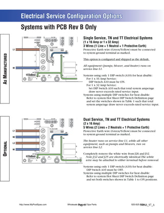 Electrical Service Configuration Options
                        Systems with PCB Rev B Only                  J50
                                                                                        AV
                                                                                                                 J29
                                                                                                                 OZONE
                                                                                                                                  J23
                                                                                                                                 PUMP 1         K9
                                                                                                                                                            K6            K1
                                                                                                                                                                                                                                                 F7
                                                                                                                                                                                                                                               F10A 250V
                                                                                                                                                                                                                                                                                                                   F1   J13


                           J52            J51 F6, T30A 480V
                                          J                                                                                                                                                                                                                                    F3A 250V
                                                                             G     N
                                                                                                                                                                                                              J46

                                                                                                                                                          Single Service, TN and TT Electrical Systems
                                                                       J47
                                                                                             CIRC. PUMP
                                                                                                                                                                                                                   K8
                                                                                                                                                                                                                                                              K5          J20




                                                                                                                                                                                         N
                                                   J25
                                                     5                       G     N                                                                                                                                                                    C9




                                                                                                                   N




                                                                                                                                   N
                                                   J32
                                                     2                                                                                                    (1 x 16 Amp or 1 x 32 Amp)                                                                                                           G             N




                                                                                                                                                                                        G
                                                                                                                   G




                                                                                                                                  G
                                                                                                                                                                                                                                                                                    F3
                                                               TB1                                                                                                        10VAC
                                                                                                                                                          3 Wires (1 Line + 1 Neutral + 1J71Protective Earth)




                                                                                                                                                                                                                                                                                                     10VAC
                                                                                                                                                                   J17/26 J72
                                                     1                                 F4, T0.2A 250V                                                                                OPT. BLWR/PUMP 2
                                                                                                                                                     T1
                  L1
                                                                                                                         J58
                                                                                                                                                          Protective Earth wire (Green/Yellow) must be connected
                                                                                                                                                          to system ground terminal as marked.




                                                                                                                                                                                                                                                        J2A J1A
AS MANUFACTURED




                                                     2                                                                                                                                                        J1
                                                                                                                    W2
                                                                                        J28
                                                                                          8                                                               This option is conﬁgured and shipped as the default.
                                                                                                                                                                           J2
                                                     3
                                                                                               J26
                                                                                                 6




                                                                                                                                           K3
                                                                                                                                                          All equipment (pumps, blower, and heater) runs on
                  N1                                                                                                                                      service line L1.                                                                                                                                                    J18
                                                                                                                                                                                                                                                                                                                                    1

                                                     4                                                                                                                                                  J43   J10




                                                                                                                                           K4
                                                                                                                                                                                                                                                                                    U4
                                              J57
                                                                                                                                                             F2

                                  Balboa
                                                                                                                                                                                                                                                                                                             J19



                                 BALBOA INSTRUMENTS, INC.
                                                               W1
                                                                     HTR2        J101                     HTR1     00                     K2
                                                                                                                                                J90       Systems using only 1 DIP switch (A10) for heat disable:
                                                                                                                                                                     S1

                                                                                                                                                                                                        J6
                                                                                                                                                                                                               J60                               J7                J8         J44
                                                                                                                                                                                                                                                                                                   J12




                                                                                                                                                             E.GND
                                                                                                                                                                                                                                                          1               1
                                 GS500Z
                                 COPYRIGHT 2007           Pb
                                                          Pb
                                                                                                                                                            For 1 x 16 Amp Service:                                      1                 1                                         1




                                                                                                                                                                                                                             J22
                                 MADE IN U.S.A.                                                                                                                                                         TST                                                                                              1
                                 P/N 22015_B                                                                                                                                   SWITCHBANK A                    EXT RLY             AUX F        SEN A             SEN B       VAC        J11

                                                                                                                                                              DIP Switch A10 must be ON.
                                                                                                                                                            For 1 x 32 Amp Service:
                                                                                                                                                              Set DIP Switch A10 such that total system amperage
                                                                                                                                                              draw never exceeds rated service input.
                                                                                                                                                          Systems using multiple DIP switches for heat disable:
                                                                                                                                                            Refer to system Hot Sheet DIP Switch Definition page
                                                                                                                                                            and set the switches shown in Table 1 such that total
                                                                                                                                                            system amperage draw never exceeds rated service input.

                                                                                        AV                                                                                                                                                       F7                                                                F1   J13
                                                                     J50                                         J29             J23                        K6            K1                                                                   F10A 250V
                                                                                                                 OZONE           PUMP 1         K9
                           J52            J51 F6, T30A 480V
                                          J                                                                                                                                                                                                                                   F3A 250V
                                                                             G     N
                                                                                                                                                                                                              J46

                                                                                                                                                          Dual Service, TN and TT Electrical Systems
                                                                      J47




                                                                                             CIRC. PUMP
                                                                                                                                                                                                                   K8
                                                                                                                                                                                                                                                              K5          J20
                                                                                                                                                                                        N




                                                   J25
                                                     5                       G     N                                                                                                                                                                    C9
                                                                                                                                                          (2 x 16 Amp)
                                                                                                                   N




                                                                                                                                  N




                                                                                                                                                                                                                                                                                               G             N
                                                   J32
                                                     2
                                                                                                                                                                                        G
                                                                                                                   G




                                                                                                                                  G




                                                                                                                                                                                                                                                                                    F3
                                                               TB1

                                                     1                              F4, T0.2A 250V
                                                                                                                                                          5 Wires (2 Lines10VAC 2 Neutrals + 1 Protective Earth)
                                                                                                                                                                   J17/26   +
                                                                                                                                                                          J72
                                                                                                                                                                                     OPT. BLWR/PUMP 2
                                                                                                                                                                                           J71
                                                                                                                                                                                                                                                                                                     10VAC
                                                                                                                                                     T1
                  L1                                                                                                                                      Protective Earth wire (Green/Yellow) must be connected
                                                                                                                         J58
                                                                                                                                                          to system ground terminal as marked.
                                                                                                                                                                                                                                                        J2A J1A




                  N2                                 2                                                                                                                                                        J1
                                                                                                                    W2
                                                                                        J28
                                                                                          8                                                               The heater runs on service line L1, while all other
                                                                                                                                                                           J2
OPTIONAL




                  L2                                 3
                                                                                                                                                          equipment, such as pumps and blowers, run on
                                                                                               J26
                                                                                                 6




                                                                                                                                           K3




                                                                                                                                                          service line L2.
                  N1                                                                                                                                                                                                                                                                                                          J18
                                                                                                                                                                                                                                                                                                                                    1

                                                     4                                                                                                                                                  J43   J10
                                                                                                                                           K4




                                              J57                                                                                                         Completely remove the white wire from J26 and J32.
                                                                                                                                                             F2
                                                                                                                                                                                                                                                                                    U4



                                 Balboa
                                                                                                                                                                                                                                                                                                         J19



                                 BALBOA INSTRUMENTS, INC.
                                                               W1
                                                                     HTR2        J101                     HTR1     00                     K2
                                                                                                                                                J90        Note: J32 and J25 are electrically identical. The white
                                                                                                                                                                     S1

                                                                                                                                                                                                        J6
                                                                                                                                                                                                               J60                               J7               J8          J44
                                                                                                                                                                                                                                                                                                   J12
                                                                                                                                                             E.GND




                                                                                                                                                                                                                                                          1               1
                                 GS500Z
                                 COPYRIGHT 2007           Pb
                                                          Pb
                                                                                                                                                           wire may be attached to either terminal before removal.       1                 1                                        1
                                                                                                                                                                                                                         J22




                                 MADE IN U.S.A.                                                                                                                                                         TST                                                                                              1
                                 P/N 22015_B                                                                                                                                   SWITCHBANK A                   EXT RLY              AUX F        SEN A             SEN B       VAC        J11




                                                                                                                                                          Systems using only 1 DIP switch (A10) for heat disable:
                                                                                                                                                            DIP Switch A10 must be OFF.
                                                                                                                                                          Systems using multiple DIP switches for heat disable:
                                                                                                                                                            Refer to system Hot Sheet DIP Switch Definition page
                                                                                                                                                            and set both switches shown in Table 1 to ON positions.




                       http://www.MyPoolSpas.com                                                                               Wholesale Pool and Spa Parts
                                                                                                                                         Page 8                                                                                                                                                                    920-925-3094
                                                                                                                                                                                                                                                                                                                           54848_97_A
 
