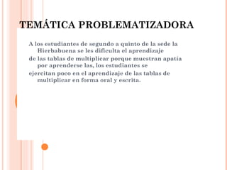 TEMÁTICA PROBLEMATIZADORA A los estudiantes de segundo a quinto de la sede la Hierbabuena se les dificulta el aprendizaje  de las tablas de multiplicar porque muestran apatía  por aprenderse las, los estudiantes se ejercitan poco en el aprendizaje de las tablas de multiplicar en forma oral y escrita.  