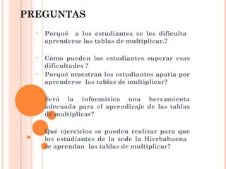 PREGUNTAS  Porqué  a los estudiantes se les dificulta  aprenderse las tablas de multiplicar.? Cómo pueden los estudiantes superar esas dificultades ?  Porqué muestran los estudiantes apatía por aprenderse  las tablas de multiplicar? Será la informática una herramienta adecuada para el aprendizaje de las tablas de multiplicar? Qué ejercicios se pueden realizar para que los estudiantes de la sede la Hierbabuena  se aprendan  las tablas de multiplicar? 