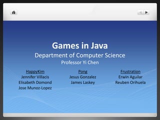 Games in Java
Department of Computer Science
Professor Yi Chen
HappyKim
Jennifer Villacis
Elisabeth Domond
Jose Munoz-Lopez
Pong
Jesus Gonzalez
James Laskey
Frustration
Erwin Aguilar
Reuben Orihuela
 