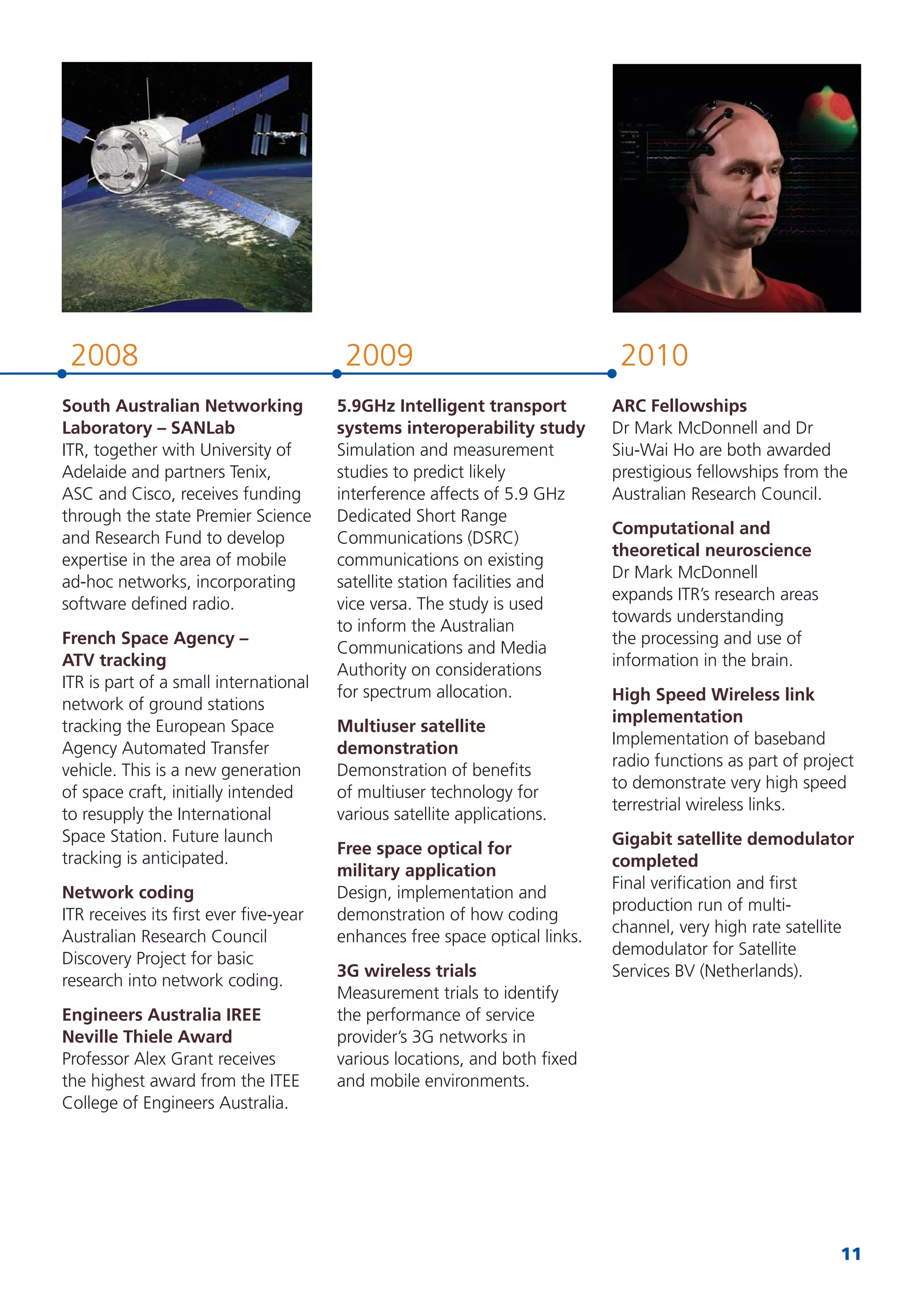 11
2008 2009 2010
South Australian Networking
Laboratory – SANLab
ITR, together with University of
Adelaide and partners Tenix,
ASC and Cisco, receives funding
through the state Premier Science
and Research Fund to develop
expertise in the area of mobile
ad-hoc networks, incorporating
software deﬁned radio.
French Space Agency –
ATV tracking
ITR is part of a small international
network of ground stations
tracking the European Space
Agency Automated Transfer
vehicle. This is a new generation
of space craft, initially intended
to resupply the International
Space Station. Future launch
tracking is anticipated.
Network coding
ITR receives its ﬁrst ever ﬁve-year
Australian Research Council
Discovery Project for basic
research into network coding.
Engineers Australia IREE
Neville Thiele Award
Professor Alex Grant receives
the highest award from the ITEE
College of Engineers Australia.
5.9GHz Intelligent transport
systems interoperability study
Simulation and measurement
studies to predict likely
interference affects of 5.9 GHz
Dedicated Short Range
Communications (DSRC)
communications on existing
satellite station facilities and
vice versa. The study is used
to inform the Australian
Communications and Media
Authority on considerations
for spectrum allocation.
Multiuser satellite
demonstration
Demonstration of beneﬁts
of multiuser technology for
various satellite applications.
Free space optical for
military application
Design, implementation and
demonstration of how coding
enhances free space optical links.
3G wireless trials
Measurement trials to identify
the performance of service
provider’s 3G networks in
various locations, and both ﬁxed
and mobile environments.
ARC Fellowships
Dr Mark McDonnell and Dr
Siu-Wai Ho are both awarded
prestigious fellowships from the
Australian Research Council.
Computational and
theoretical neuroscience
Dr Mark McDonnell
expands ITR’s research areas
towards understanding
the processing and use of
information in the brain.
High Speed Wireless link
implementation
Implementation of baseband
radio functions as part of project
to demonstrate very high speed
terrestrial wireless links.
Gigabit satellite demodulator
completed
Final veriﬁcation and ﬁrst
production run of multi-
channel, very high rate satellite
demodulator for Satellite
Services BV (Netherlands).
 