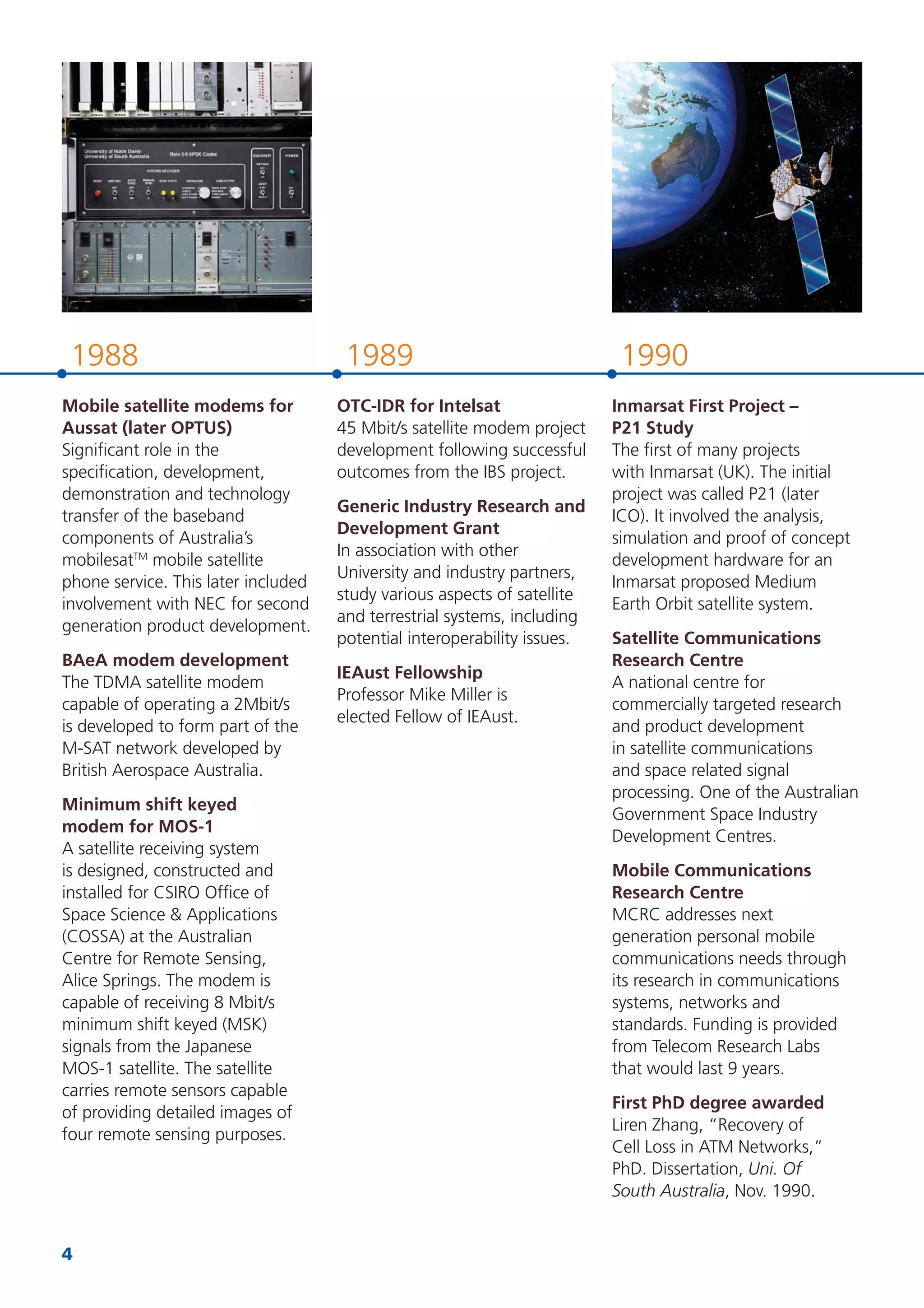 4
19891988 1990
Mobile satellite modems for
Aussat (later OPTUS)
Signiﬁcant role in the
speciﬁcation, development,
demonstration and technology
transfer of the baseband
components of Australia’s
mobilesatTM
mobile satellite
phone service. This later included
involvement with NEC for second
generation product development.
BAeA modem development
The TDMA satellite modem
capable of operating a 2Mbit/s
is developed to form part of the
M-SAT network developed by
British Aerospace Australia.
Minimum shift keyed
modem for MOS-1
A satellite receiving system
is designed, constructed and
installed for CSIRO Ofﬁce of
Space Science & Applications
(COSSA) at the Australian
Centre for Remote Sensing,
Alice Springs. The modem is
capable of receiving 8 Mbit/s
minimum shift keyed (MSK)
signals from the Japanese
MOS-1 satellite. The satellite
carries remote sensors capable
of providing detailed images of
four remote sensing purposes.
OTC-IDR for Intelsat
45 Mbit/s satellite modem project
development following successful
outcomes from the IBS project.
Generic Industry Research and
Development Grant
In association with other
University and industry partners,
study various aspects of satellite
and terrestrial systems, including
potential interoperability issues.
IEAust Fellowship
Professor Mike Miller is
elected Fellow of IEAust.
Inmarsat First Project –
P21 Study
The ﬁrst of many projects
with Inmarsat (UK). The initial
project was called P21 (later
ICO). It involved the analysis,
simulation and proof of concept
development hardware for an
Inmarsat proposed Medium
Earth Orbit satellite system.
Satellite Communications
Research Centre
A national centre for
commercially targeted research
and product development
in satellite communications
and space related signal
processing. One of the Australian
Government Space Industry
Development Centres.
Mobile Communications
Research Centre
MCRC addresses next
generation personal mobile
communications needs through
its research in communications
systems, networks and
standards. Funding is provided
from Telecom Research Labs
that would last 9 years.
First PhD degree awarded
Liren Zhang, “Recovery of
Cell Loss in ATM Networks,”
PhD. Dissertation, Uni. Of
South Australia, Nov. 1990.
 