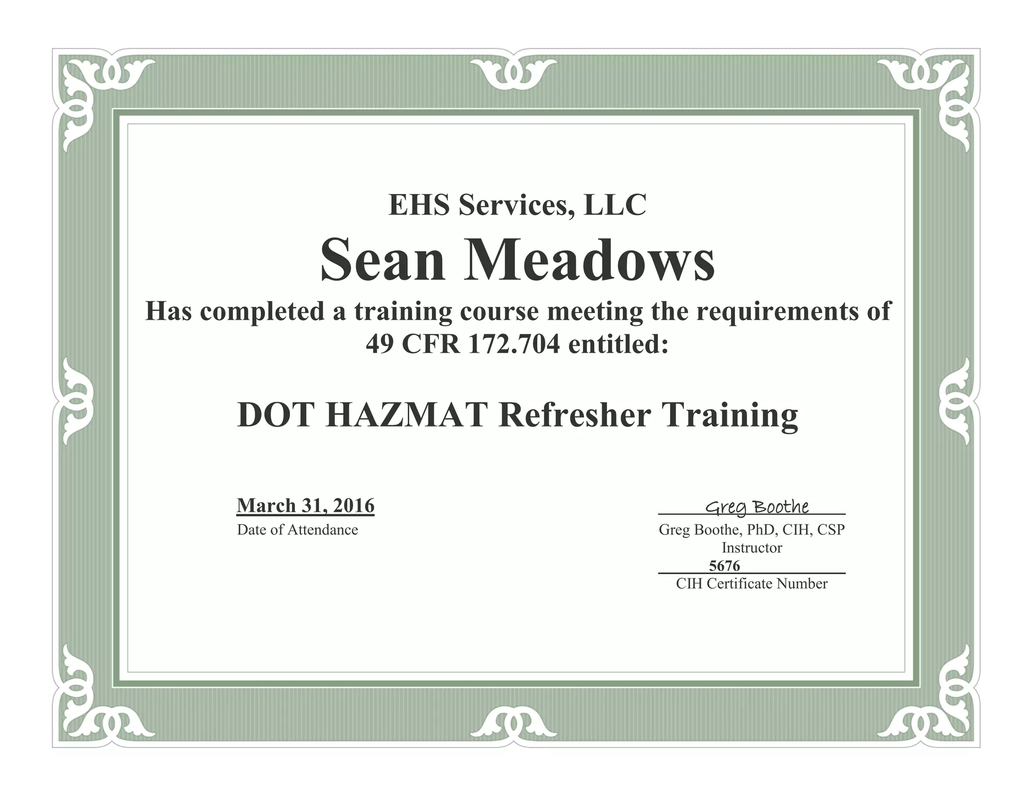Certificate of HAZMAT REFRESHER TRAINING PPT