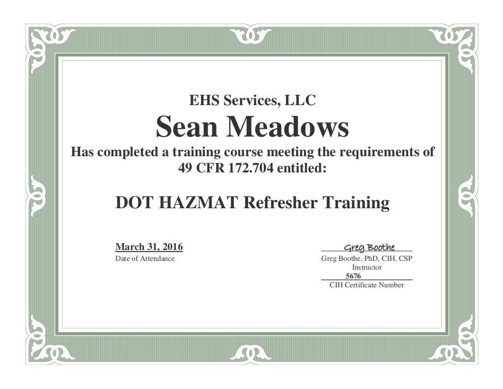 Certificate of HAZMAT REFRESHER TRAINING