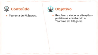 ● Teorema de Pitágoras. ● Resolver e elaborar situações-
problemas envolvendo o
Teorema de Pitágoras.
Conteúdo Objetivo
 