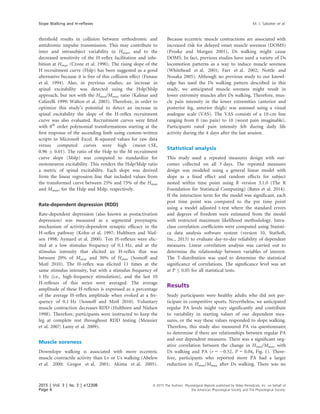 threshold results in collision between orthodromic and
antidromic impulse transmission. This may contribute to
inter and intrasubject variability in Hmax, and to the
decreased sensitivity of the H-reﬂex facilitation and inhi-
bition at Hmax (Crone et al. 1990). The rising slope of the
H recruitment curve (Hslp) has been suggested as a good
alternative because it is free of this collision effect (Funase
et al. 1994). Also, in previous studies, an increase in
spinal excitability was detected using the Hslp/Mslp
approach, but not with the Hmax/Mmax ratio (Kalmar and
Cafarelli 1999; Walton et al. 2003). Therefore, in order to
optimize this study’s potential to detect an increase in
spinal excitability the slope of the H-reﬂex recruitment
curve was also evaluated. Recruitment curves were ﬁtted
with 8th
order polynomial transformations starting at the
ﬁrst response of the ascending limb using custom-written
scripts in Microsoft Excel. R-squared values for raw data
versus computed curves were high (mean ÆSE,
0.96 Æ 0.01). The ratio of the Hslp to the M recruitment
curve slope (Mslp) was computed to standardize for
motoneuron excitability. This renders the Hslp/Mslp ratio
a metric of spinal excitability. Each slope was derived
from the linear regression line that included values from
the transformed curve between 25% and 75% of the Hmax
and Mmax, for the Hslp and Mslp, respectively.
Rate-dependent depression (RDD)
Rate-dependent depression (also known as postactivation
depression) was measured as a segmental presynaptic
mechanism of activity-dependent synaptic efﬁcacy in the
H-reﬂex pathway (Kohn et al. 1997; Hultborn and Niel-
sen 1998; Aymard et al. 2000). Ten H-reﬂexes were elic-
ited at a low stimulus frequency of 0.1 Hz, and at the
stimulus intensity that elicited an H-reﬂex that was
between 20% of Mmax and 50% of Hmax (Sosnoff and
Motl 2010). The H-reﬂex was elicited 11 times at the
same stimulus intensity, but with a stimulus frequency of
1 Hz (i.e., high-frequency stimulation), and the last 10
H-reﬂexes of this series were averaged. The average
amplitude of these H-reﬂexes is expressed as a percentage
of the average H-reﬂex amplitude when evoked at a fre-
quency of 0.1 Hz (Sosnoff and Motl 2010). Voluntary
muscle contraction decreases RDD (Hultborn and Nielsen
1998). Therefore, participants were instructed to keep the
leg at complete rest throughout RDD testing (Meunier
et al. 2007; Lamy et al. 2009).
Muscle soreness
Downslope walking is associated with more eccentric
muscle contractile activity than Lv or Us walking (Abelew
et al. 2000; Gregor et al. 2001; Akima et al. 2005).
Because eccentric muscle contractions are associated with
increased risk for delayed onset muscle soreness (DOMS)
(Proske and Morgan 2001), Ds walking might cause
DOMS. In fact, previous studies have used a variety of Ds
locomotion patterns as a way to induce muscle soreness
(Whitehead et al. 2001; Farr et al. 2002; Nottle and
Nosaka 2005). Although no previous study to our knowl-
edge has used the Ds walking pattern described in this
study, we anticipated muscle soreness might result in
lower extremity muscles after Ds walking. Therefore, mus-
cle pain intensity in the lower extremities (anterior and
posterior leg, anterior thigh) was assessed using a visual
analogue scale (VAS). The VAS consists of a 10-cm line
ranging from 0 (no pain) to 10 (worst pain imaginable).
Participants rated pain intensity felt during daily life
activity during the 4 days after the last session.
Statistical analysis
This study used a repeated measures design with out-
comes collected on all 3 days. The repeated measures
design was modeled using a general linear model with
slope as a ﬁxed effect and random effects for subject
nested within time point using R version 3.1.0 (The R
Foundation for Statistical Computing) (Bates et al. 2014).
If the interaction term for the model was signiﬁcant, each
post time point was compared to the pre time point
using a model adjusted t-test where the standard errors
and degrees of freedom were estimated from the model
with restricted maximum likelihood methodology. Intra-
class correlation coefﬁcients were computed using Statisti-
ca data analysis software system (version 10, StatSoft,
Inc., 2013) to evaluate day-to-day reliability of dependent
measures. Linear correlation analysis was carried out to
determine the relationship between variables of interest.
The T-distribution was used to determine the statistical
signiﬁcance of correlations. The signiﬁcance level was set
at P ≤ 0.05 for all statistical tests.
Results
Study participants were healthy adults who did not par-
ticipate in competitive sports. Nevertheless, we anticipated
regular PA levels might vary signiﬁcantly and contribute
to variability in starting values of our dependent mea-
sures, or the way these values responded to slope walking.
Therefore, this study also measured PA via questionnaire
to determine if there are relationships between regular PA
and our dependent measures. There was a signiﬁcant neg-
ative correlation between the change in Hmax/Mmax with
Ds walking and PA (r = À0.52, P = 0.04, Fig. 1). There-
fore, participants who reported more PA had a larger
reduction in Hmax/Mmax after Ds walking. There was no
2015 | Vol. 3 | Iss. 3 | e12308
Page 4
ª 2015 The Authors. Physiological Reports published by Wiley Periodicals, Inc. on behalf of
the American Physiological Society and The Physiological Society.
Slope Walking and H-reﬂexes M. J. Sabatier et al.
 