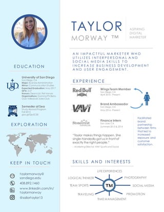 TAYLOR
MORWAY ™
taylormorway@
sandiego.edu
408.892.1460
www.linkedin.com/in/
taylormorway
@sailortaylor13
ASPIRING
DIGITAL
MARKETER
E D U C A TI O N
University of San Diego
San Diego, CA
Major: Business Administration
Minor: Communication Studies
Expected Graduation: May 2017
GPA: 3.57
Honors: Deans List, First Honors
Organizations: GammaPhi Beta,
Club Volleyball, Sales Club
Semester at Sea
Study Abroad Program
Fall 2015
goo.gl/Qp5C5E
E X P L O R A TI O N
K E E P I N TO U C H
A N I M P A C T F U L M A R K E T E R W H O
U T I L I Z E S I N T E R P E R S O N A L A N D
S O C I A L M E D I A S K I L L S T O
I N C R E A S E B U S I N E S S D E V E L O P M E N T
A N D U S E R E N G A G E M E N T .
Wings Team Member
San Diego, CA
April 2016 - Present
E X P E R I E N C E
Brand Ambassador
San Diego, CA
May 2016 - Present
Finance Intern
San Jose, CA
Summers 2013 & 2014
Facilitated
brand
partnership
between firms
that led to
increased
exposure and
customer
satisfaction.
“Taylor makes things happen. She
single-handedly got us in front of
exactly the right people.”
- MarketingDirector, VAVi Sports and Social
S K I L L S A N D I N TE R E S TS
PHOTOGRAPHY
SOCIAL MEDIA
PROMOTION
TIME MANAGEMENT
TRAVELING
TEAM SPORTS
LOGICAL THINKER
LIFE EXPERIENCES
 