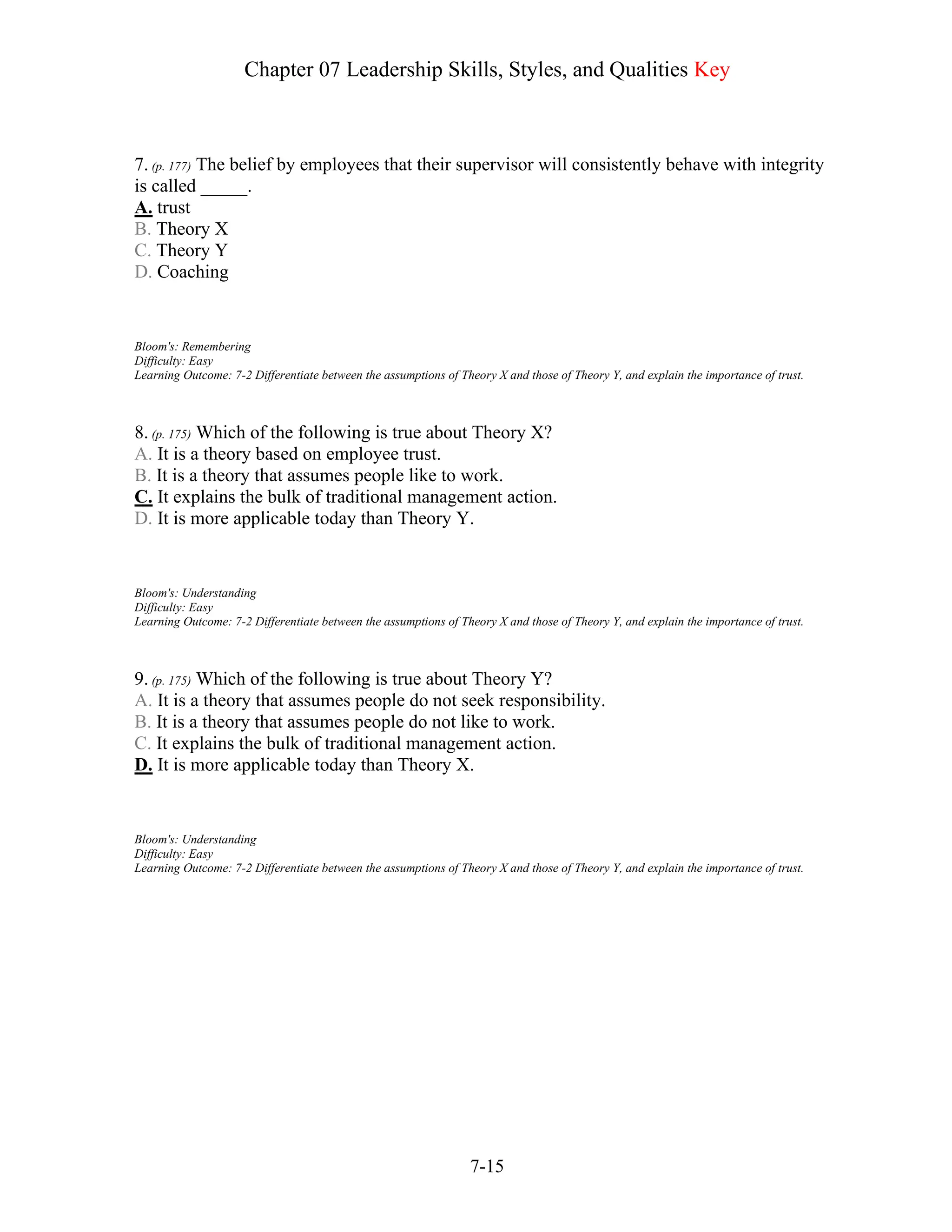Chapter 07 Leadership Skills, Styles, and Qualities Key
7-15
7. (p. 177) The belief by employees that their supervisor will consistently behave with integrity
is called _____.
A. trust
B. Theory X
C. Theory Y
D. Coaching
Bloom's: Remembering
Difficulty: Easy
Learning Outcome: 7-2 Differentiate between the assumptions of Theory X and those of Theory Y, and explain the importance of trust.
8. (p. 175) Which of the following is true about Theory X?
A. It is a theory based on employee trust.
B. It is a theory that assumes people like to work.
C. It explains the bulk of traditional management action.
D. It is more applicable today than Theory Y.
Bloom's: Understanding
Difficulty: Easy
Learning Outcome: 7-2 Differentiate between the assumptions of Theory X and those of Theory Y, and explain the importance of trust.
9. (p. 175) Which of the following is true about Theory Y?
A. It is a theory that assumes people do not seek responsibility.
B. It is a theory that assumes people do not like to work.
C. It explains the bulk of traditional management action.
D. It is more applicable today than Theory X.
Bloom's: Understanding
Difficulty: Easy
Learning Outcome: 7-2 Differentiate between the assumptions of Theory X and those of Theory Y, and explain the importance of trust.
 