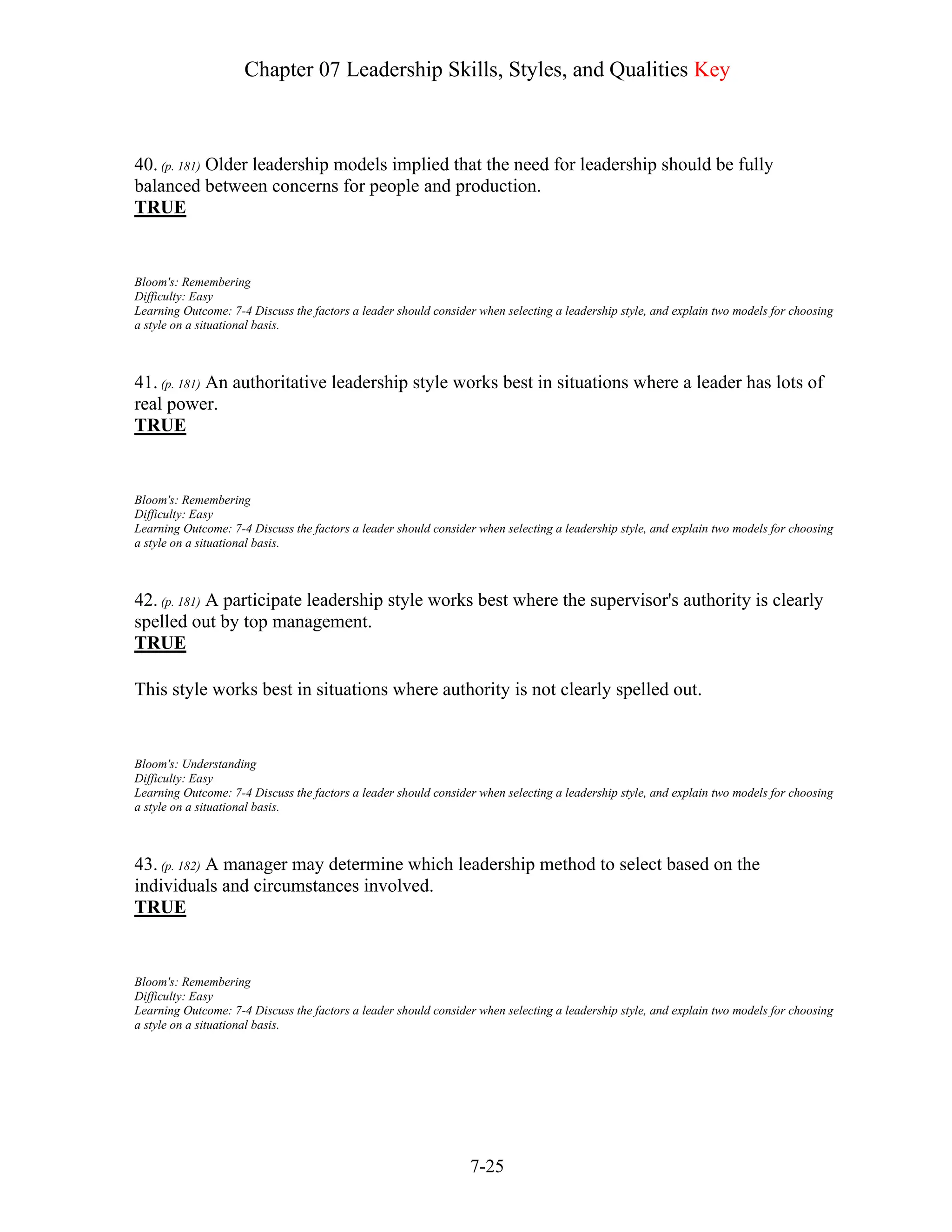 Chapter 07 Leadership Skills, Styles, and Qualities Key
7-25
40. (p. 181) Older leadership models implied that the need for leadership should be fully
balanced between concerns for people and production.
TRUE
Bloom's: Remembering
Difficulty: Easy
Learning Outcome: 7-4 Discuss the factors a leader should consider when selecting a leadership style, and explain two models for choosing
a style on a situational basis.
41. (p. 181) An authoritative leadership style works best in situations where a leader has lots of
real power.
TRUE
Bloom's: Remembering
Difficulty: Easy
Learning Outcome: 7-4 Discuss the factors a leader should consider when selecting a leadership style, and explain two models for choosing
a style on a situational basis.
42. (p. 181) A participate leadership style works best where the supervisor's authority is clearly
spelled out by top management.
TRUE
This style works best in situations where authority is not clearly spelled out.
Bloom's: Understanding
Difficulty: Easy
Learning Outcome: 7-4 Discuss the factors a leader should consider when selecting a leadership style, and explain two models for choosing
a style on a situational basis.
43. (p. 182) A manager may determine which leadership method to select based on the
individuals and circumstances involved.
TRUE
Bloom's: Remembering
Difficulty: Easy
Learning Outcome: 7-4 Discuss the factors a leader should consider when selecting a leadership style, and explain two models for choosing
a style on a situational basis.
 