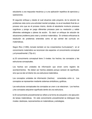 estudiante a una respuesta mecánica y a una aplicación repetitiva de ejercicios y operaciones. El segundo enfoque y desde el cual situamos este proyecto, de la solución de problemas vista como una actividad mental compleja, no es el resultado final de un proceso sino que es el proceso mismo, donde el estudiante involucra procesos cognitivos y ponga en juego diferentes procesos para su resolución y valide diferentes estrategias o planes de acción. Es decir un enfoque de solución de situaciones problema para crear y construir matemática. En síntesis enfocamos la resolución de problemas entendida como el eje central del currículo en matemáticas. Según Rico (1.990), tomado también en los Lineamientos Curriculares(*) en el conocimiento matemático se reconocen dos aspectos: el conocimiento conceptual y el procedimental. (*Op cit.) a) El conocimiento conceptual tiene 3 niveles: los hechos, los conceptos y las estructuras conceptuales. Los hechos son unidades de información que sirven como registro de acontecimientos. No deben ser hechos aislados porque carecen de significado, sino que se dan al interior de una estructura matemática. Los conceptos unidades de información (hechos) conectadas entre si. Los conceptos se representan mediante sistemas simbólicos y gráficos. Las estructuras conceptuales los conceptos se unen o se relacionan. Los hechos y los conceptos adquieren significado dentro de una estructura. b) El conocimiento procedimental se refiere a la forma de actuación o de ejecución de tareas matemáticas. En este conocimiento procedimental se distinguen tres niveles: destrezas, razonamientos en matemáticas y estrategias.  