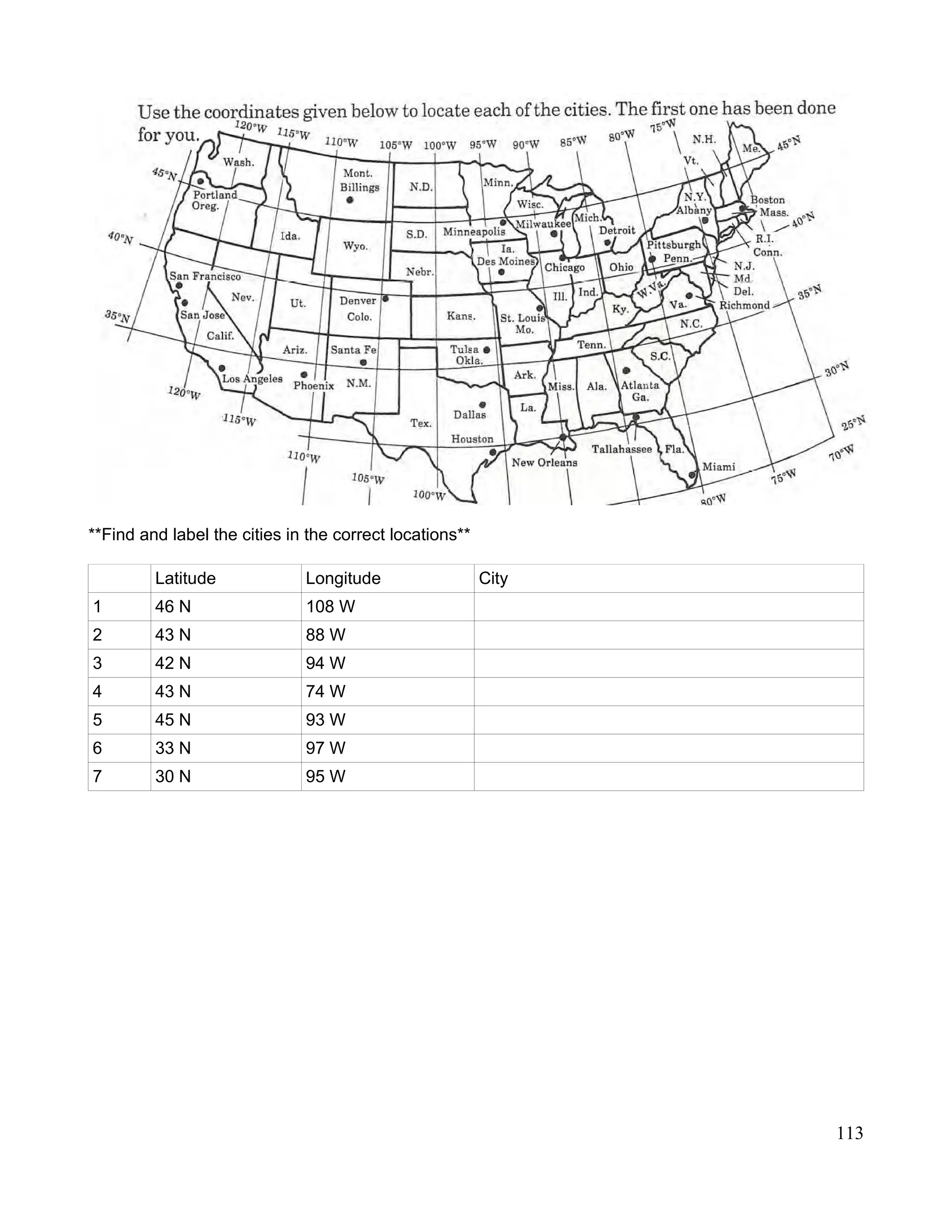 **Find and label the cities in the correct locations**
Latitude Longitude City
1 46 N 108 W
2 43 N 88 W
3 42 N 94 W
4 43 N 74 W
5 45 N 93 W
6 33 N 97 W
7 30 N 95 W
113
 