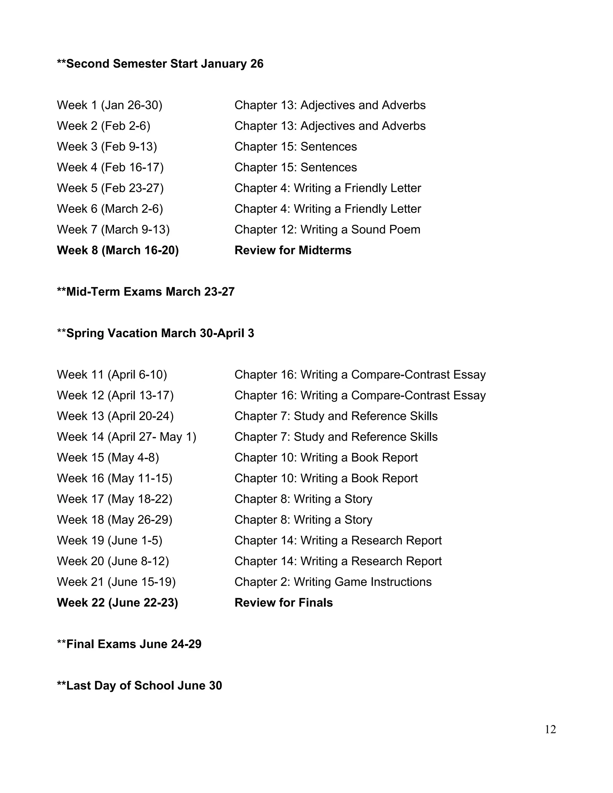 **Second Semester Start January 26
Week 1 (Jan 26-30) Chapter 13: Adjectives and Adverbs
Week 2 (Feb 2-6) Chapter 13: Adjectives and Adverbs
Week 3 (Feb 9-13) Chapter 15: Sentences
Week 4 (Feb 16-17) Chapter 15: Sentences
Week 5 (Feb 23-27) Chapter 4: Writing a Friendly Letter
Week 6 (March 2-6) Chapter 4: Writing a Friendly Letter
Week 7 (March 9-13) Chapter 12: Writing a Sound Poem
Week 8 (March 16-20) Review for Midterms
**Mid-Term Exams March 23-27
**Spring Vacation March 30-April 3
Week 11 (April 6-10) Chapter 16: Writing a Compare-Contrast Essay
Week 12 (April 13-17) Chapter 16: Writing a Compare-Contrast Essay
Week 13 (April 20-24) Chapter 7: Study and Reference Skills
Week 14 (April 27- May 1) Chapter 7: Study and Reference Skills
Week 15 (May 4-8) Chapter 10: Writing a Book Report
Week 16 (May 11-15) Chapter 10: Writing a Book Report
Week 17 (May 18-22) Chapter 8: Writing a Story
Week 18 (May 26-29) Chapter 8: Writing a Story
Week 19 (June 1-5) Chapter 14: Writing a Research Report
Week 20 (June 8-12) Chapter 14: Writing a Research Report
Week 21 (June 15-19) Chapter 2: Writing Game Instructions
Week 22 (June 22-23) Review for Finals
**Final Exams June 24-29
**Last Day of School June 30
12
 
