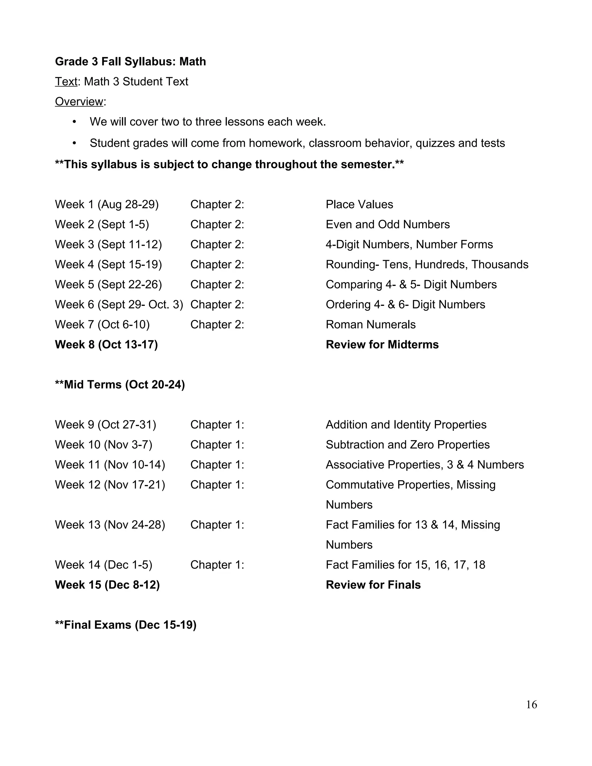 Grade 3 Fall Syllabus: Math
Text: Math 3 Student Text
Overview:
• We will cover two to three lessons each week.
• Student grades will come from homework, classroom behavior, quizzes and tests
**This syllabus is subject to change throughout the semester.**
Week 1 (Aug 28-29) Chapter 2: Place Values
Week 2 (Sept 1-5) Chapter 2: Even and Odd Numbers
Week 3 (Sept 11-12) Chapter 2: 4-Digit Numbers, Number Forms
Week 4 (Sept 15-19) Chapter 2: Rounding- Tens, Hundreds, Thousands
Week 5 (Sept 22-26) Chapter 2: Comparing 4- & 5- Digit Numbers
Week 6 (Sept 29- Oct. 3) Chapter 2: Ordering 4- & 6- Digit Numbers
Week 7 (Oct 6-10) Chapter 2: Roman Numerals
Week 8 (Oct 13-17) Review for Midterms
**Mid Terms (Oct 20-24)
Week 9 (Oct 27-31) Chapter 1: Addition and Identity Properties
Week 10 (Nov 3-7) Chapter 1: Subtraction and Zero Properties
Week 11 (Nov 10-14) Chapter 1: Associative Properties, 3 & 4 Numbers
Week 12 (Nov 17-21) Chapter 1: Commutative Properties, Missing
Numbers
Week 13 (Nov 24-28) Chapter 1: Fact Families for 13 & 14, Missing
Numbers
Week 14 (Dec 1-5) Chapter 1: Fact Families for 15, 16, 17, 18
Week 15 (Dec 8-12) Review for Finals
**Final Exams (Dec 15-19)
16
 