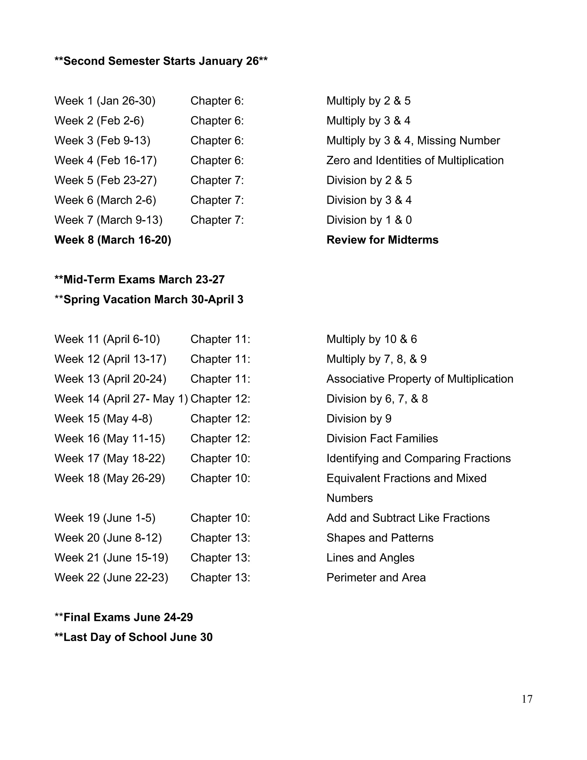 **Second Semester Starts January 26**
Week 1 (Jan 26-30) Chapter 6: Multiply by 2 & 5
Week 2 (Feb 2-6) Chapter 6: Multiply by 3 & 4
Week 3 (Feb 9-13) Chapter 6: Multiply by 3 & 4, Missing Number
Week 4 (Feb 16-17) Chapter 6: Zero and Identities of Multiplication
Week 5 (Feb 23-27) Chapter 7: Division by 2 & 5
Week 6 (March 2-6) Chapter 7: Division by 3 & 4
Week 7 (March 9-13) Chapter 7: Division by 1 & 0
Week 8 (March 16-20) Review for Midterms
**Mid-Term Exams March 23-27
**Spring Vacation March 30-April 3
Week 11 (April 6-10) Chapter 11: Multiply by 10 & 6
Week 12 (April 13-17) Chapter 11: Multiply by 7, 8, & 9
Week 13 (April 20-24) Chapter 11: Associative Property of Multiplication
Week 14 (April 27- May 1) Chapter 12: Division by 6, 7, & 8
Week 15 (May 4-8) Chapter 12: Division by 9
Week 16 (May 11-15) Chapter 12: Division Fact Families
Week 17 (May 18-22) Chapter 10: Identifying and Comparing Fractions
Week 18 (May 26-29) Chapter 10: Equivalent Fractions and Mixed
Numbers
Week 19 (June 1-5) Chapter 10: Add and Subtract Like Fractions
Week 20 (June 8-12) Chapter 13: Shapes and Patterns
Week 21 (June 15-19) Chapter 13: Lines and Angles
Week 22 (June 22-23) Chapter 13: Perimeter and Area
**Final Exams June 24-29
**Last Day of School June 30
17
 