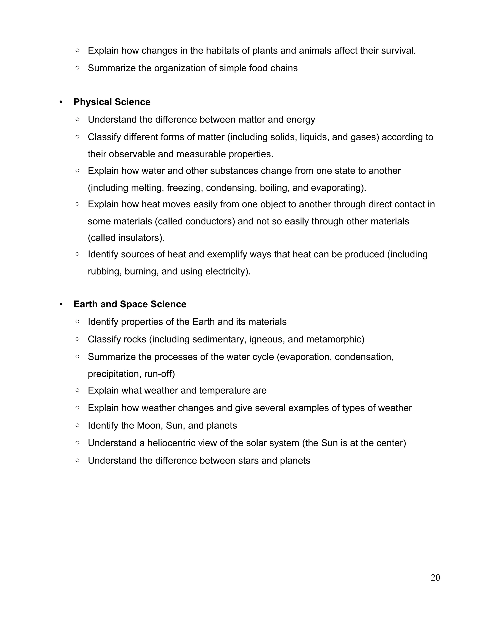 ◦ Explain how changes in the habitats of plants and animals affect their survival.
◦ Summarize the organization of simple food chains
• Physical Science
◦ Understand the difference between matter and energy
◦ Classify different forms of matter (including solids, liquids, and gases) according to
their observable and measurable properties.
◦ Explain how water and other substances change from one state to another
(including melting, freezing, condensing, boiling, and evaporating).
◦ Explain how heat moves easily from one object to another through direct contact in
some materials (called conductors) and not so easily through other materials
(called insulators).
◦ Identify sources of heat and exemplify ways that heat can be produced (including
rubbing, burning, and using electricity).
• Earth and Space Science
◦ Identify properties of the Earth and its materials
◦ Classify rocks (including sedimentary, igneous, and metamorphic)
◦ Summarize the processes of the water cycle (evaporation, condensation,
precipitation, run-off)
◦ Explain what weather and temperature are
◦ Explain how weather changes and give several examples of types of weather
◦ Identify the Moon, Sun, and planets
◦ Understand a heliocentric view of the solar system (the Sun is at the center)
◦ Understand the difference between stars and planets
20
 