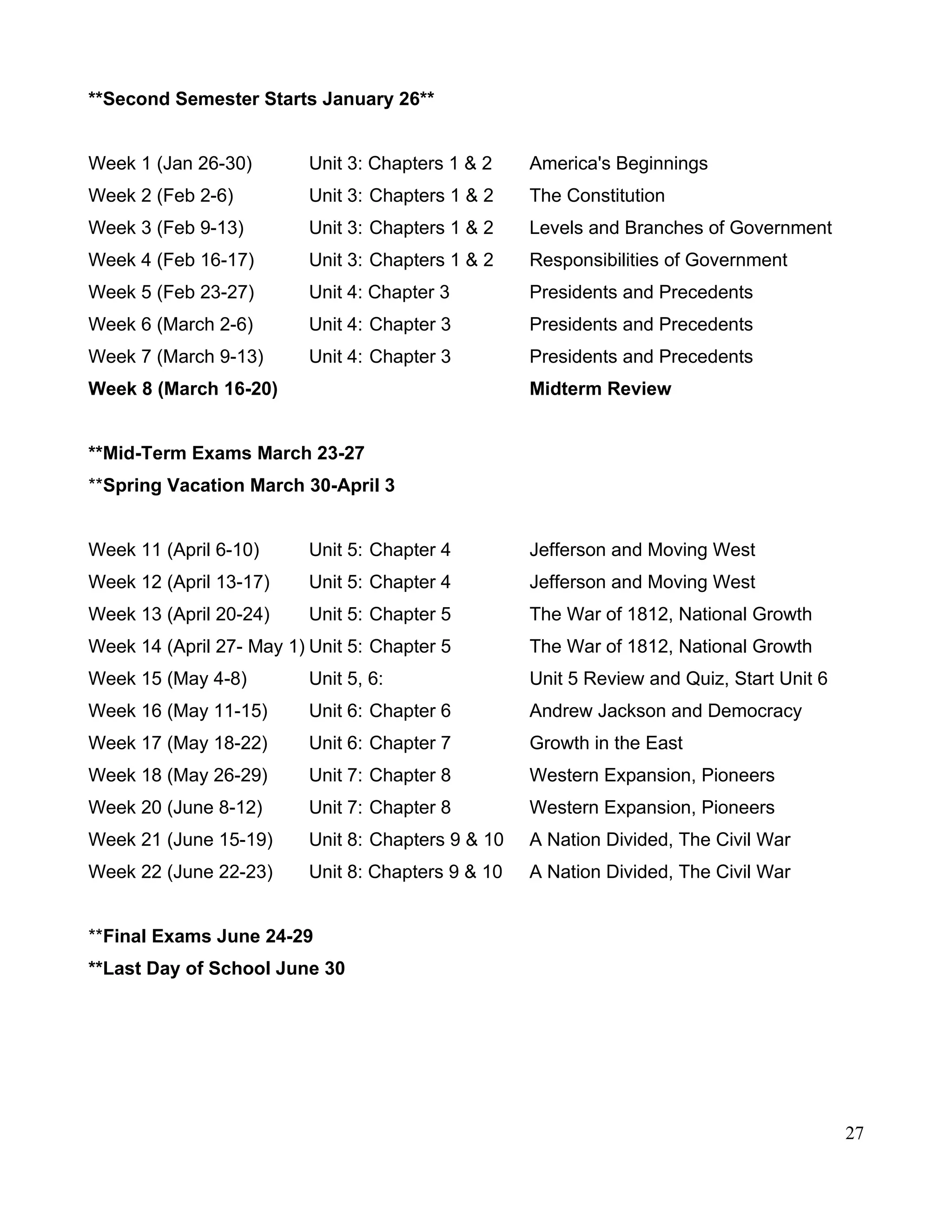 **Second Semester Starts January 26**
Week 1 (Jan 26-30) Unit 3: Chapters 1 & 2 America's Beginnings
Week 2 (Feb 2-6) Unit 3: Chapters 1 & 2 The Constitution
Week 3 (Feb 9-13) Unit 3: Chapters 1 & 2 Levels and Branches of Government
Week 4 (Feb 16-17) Unit 3: Chapters 1 & 2 Responsibilities of Government
Week 5 (Feb 23-27) Unit 4: Chapter 3 Presidents and Precedents
Week 6 (March 2-6) Unit 4: Chapter 3 Presidents and Precedents
Week 7 (March 9-13) Unit 4: Chapter 3 Presidents and Precedents
Week 8 (March 16-20) Midterm Review
**Mid-Term Exams March 23-27
**Spring Vacation March 30-April 3
Week 11 (April 6-10) Unit 5: Chapter 4 Jefferson and Moving West
Week 12 (April 13-17) Unit 5: Chapter 4 Jefferson and Moving West
Week 13 (April 20-24) Unit 5: Chapter 5 The War of 1812, National Growth
Week 14 (April 27- May 1) Unit 5: Chapter 5 The War of 1812, National Growth
Week 15 (May 4-8) Unit 5, 6: Unit 5 Review and Quiz, Start Unit 6
Week 16 (May 11-15) Unit 6: Chapter 6 Andrew Jackson and Democracy
Week 17 (May 18-22) Unit 6: Chapter 7 Growth in the East
Week 18 (May 26-29) Unit 7: Chapter 8 Western Expansion, Pioneers
Week 20 (June 8-12) Unit 7: Chapter 8 Western Expansion, Pioneers
Week 21 (June 15-19) Unit 8: Chapters 9 & 10 A Nation Divided, The Civil War
Week 22 (June 22-23) Unit 8: Chapters 9 & 10 A Nation Divided, The Civil War
**Final Exams June 24-29
**Last Day of School June 30
27
 