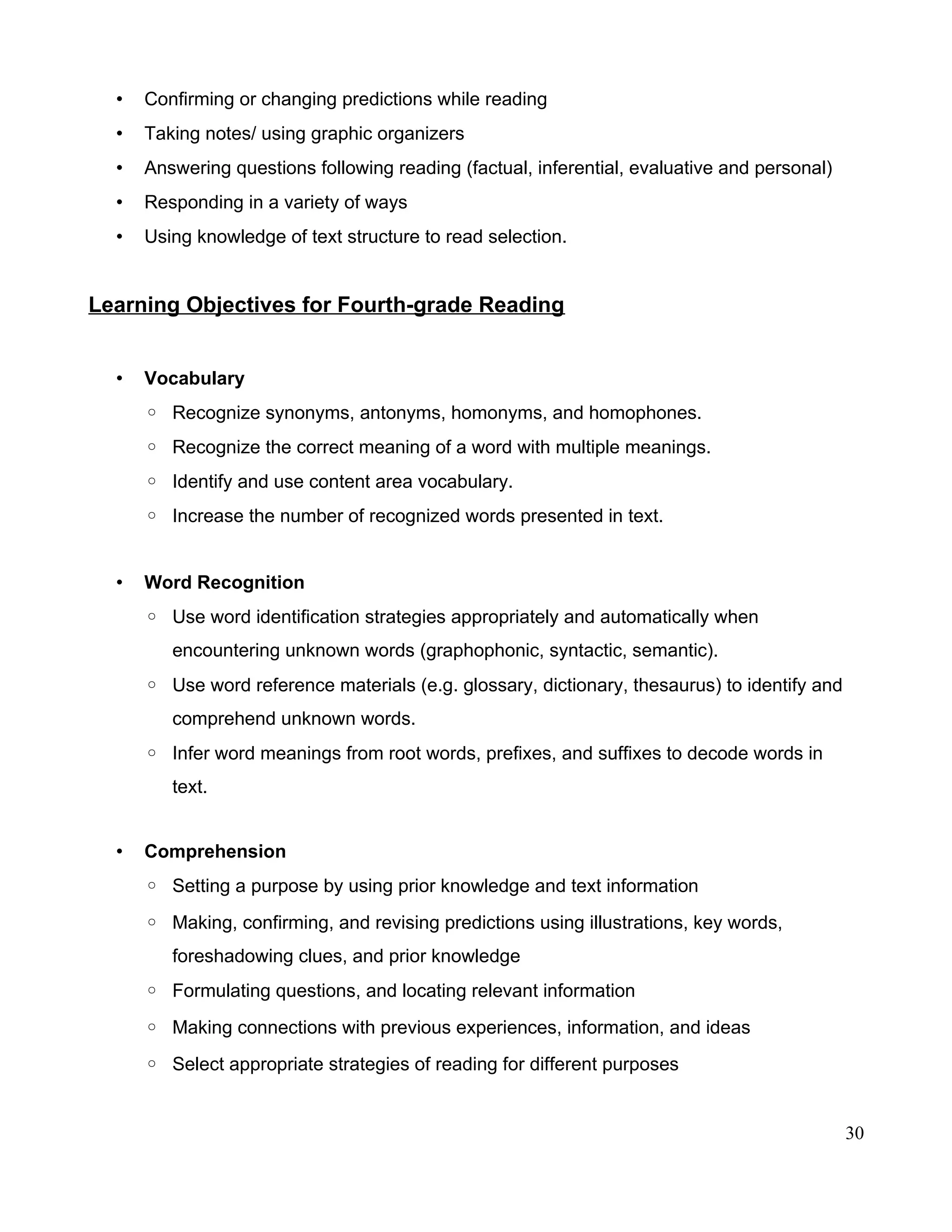 • Confirming or changing predictions while reading
• Taking notes/ using graphic organizers
• Answering questions following reading (factual, inferential, evaluative and personal)
• Responding in a variety of ways
• Using knowledge of text structure to read selection.
Learning Objectives for Fourth-grade Reading
• Vocabulary
◦ Recognize synonyms, antonyms, homonyms, and homophones.
◦ Recognize the correct meaning of a word with multiple meanings.
◦ Identify and use content area vocabulary.
◦ Increase the number of recognized words presented in text.
• Word Recognition
◦ Use word identification strategies appropriately and automatically when
encountering unknown words (graphophonic, syntactic, semantic).
◦ Use word reference materials (e.g. glossary, dictionary, thesaurus) to identify and
comprehend unknown words.
◦ Infer word meanings from root words, prefixes, and suffixes to decode words in
text.
• Comprehension
◦ Setting a purpose by using prior knowledge and text information
◦ Making, confirming, and revising predictions using illustrations, key words,
foreshadowing clues, and prior knowledge
◦ Formulating questions, and locating relevant information
◦ Making connections with previous experiences, information, and ideas
◦ Select appropriate strategies of reading for different purposes
30
 