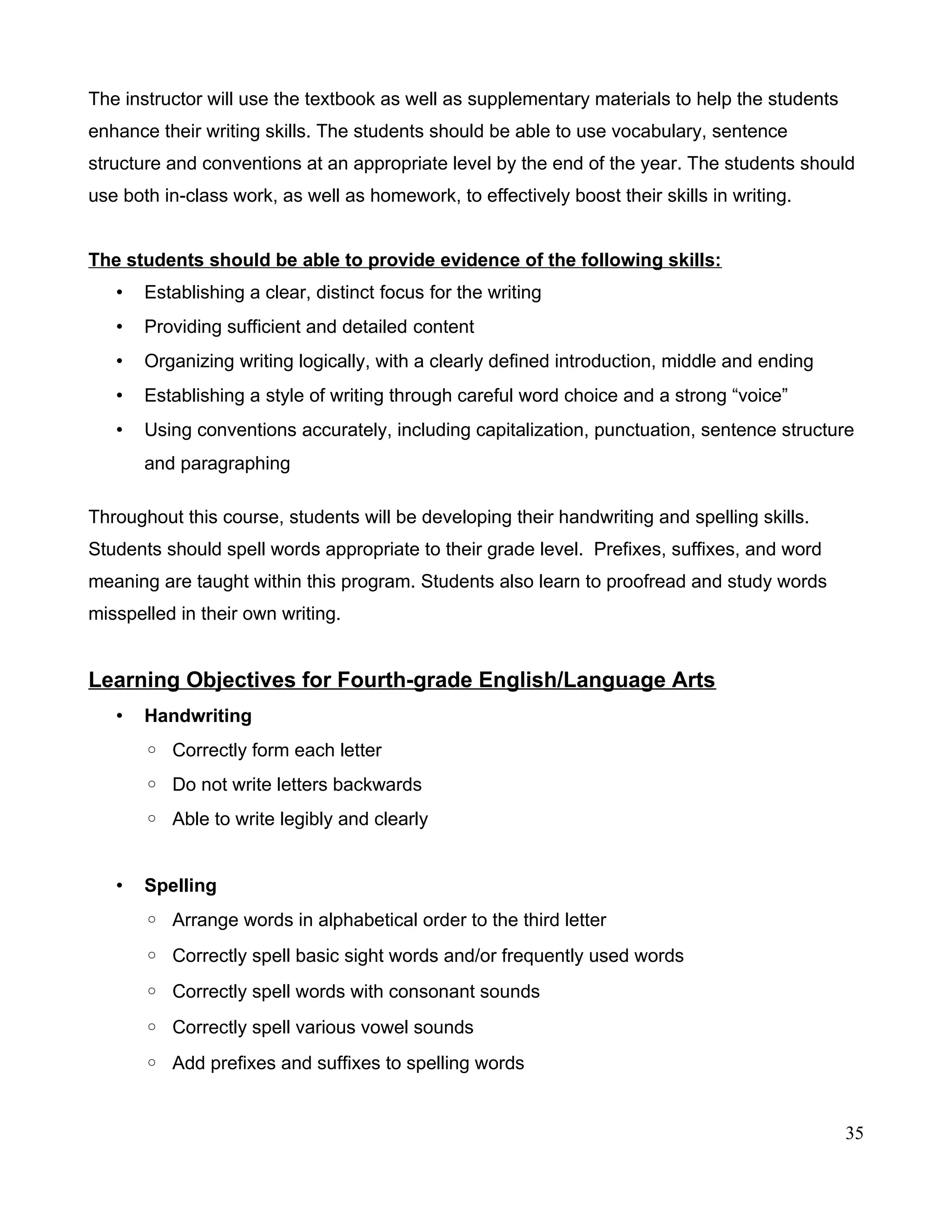 The instructor will use the textbook as well as supplementary materials to help the students
enhance their writing skills. The students should be able to use vocabulary, sentence
structure and conventions at an appropriate level by the end of the year. The students should
use both in-class work, as well as homework, to effectively boost their skills in writing.
The students should be able to provide evidence of the following skills:
• Establishing a clear, distinct focus for the writing
• Providing sufficient and detailed content
• Organizing writing logically, with a clearly defined introduction, middle and ending
• Establishing a style of writing through careful word choice and a strong “voice”
• Using conventions accurately, including capitalization, punctuation, sentence structure
and paragraphing
Throughout this course, students will be developing their handwriting and spelling skills.
Students should spell words appropriate to their grade level. Prefixes, suffixes, and word
meaning are taught within this program. Students also learn to proofread and study words
misspelled in their own writing.
Learning Objectives for Fourth-grade English/Language Arts
• Handwriting
◦ Correctly form each letter
◦ Do not write letters backwards
◦ Able to write legibly and clearly
• Spelling
◦ Arrange words in alphabetical order to the third letter
◦ Correctly spell basic sight words and/or frequently used words
◦ Correctly spell words with consonant sounds
◦ Correctly spell various vowel sounds
◦ Add prefixes and suffixes to spelling words
35
 