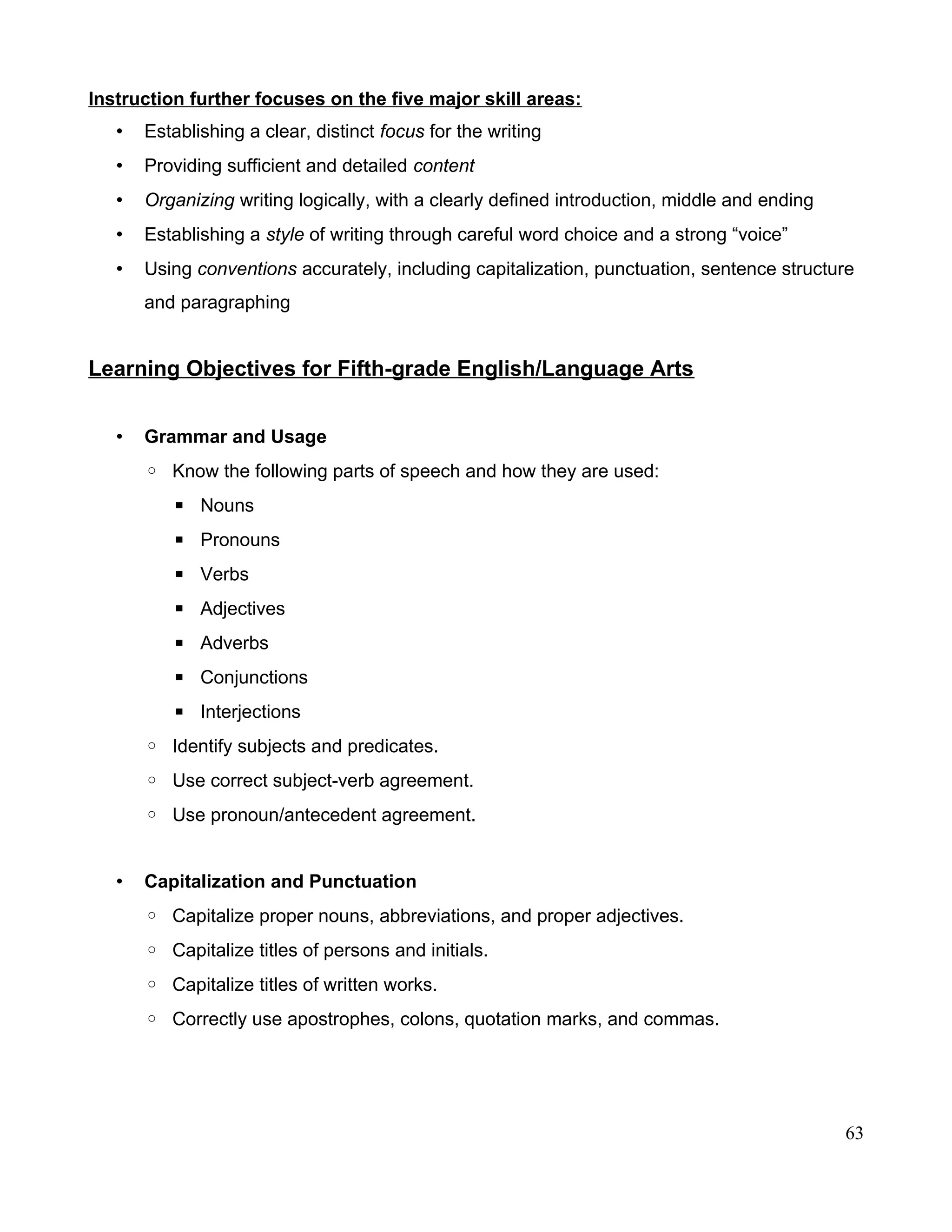 Instruction further focuses on the five major skill areas:
• Establishing a clear, distinct focus for the writing
• Providing sufficient and detailed content
• Organizing writing logically, with a clearly defined introduction, middle and ending
• Establishing a style of writing through careful word choice and a strong “voice”
• Using conventions accurately, including capitalization, punctuation, sentence structure
and paragraphing
Learning Objectives for Fifth-grade English/Language Arts
• Grammar and Usage
◦ Know the following parts of speech and how they are used:
▪ Nouns
▪ Pronouns
▪ Verbs
▪ Adjectives
▪ Adverbs
▪ Conjunctions
▪ Interjections
◦ Identify subjects and predicates.
◦ Use correct subject-verb agreement.
◦ Use pronoun/antecedent agreement.
• Capitalization and Punctuation
◦ Capitalize proper nouns, abbreviations, and proper adjectives.
◦ Capitalize titles of persons and initials.
◦ Capitalize titles of written works.
◦ Correctly use apostrophes, colons, quotation marks, and commas.
63
 