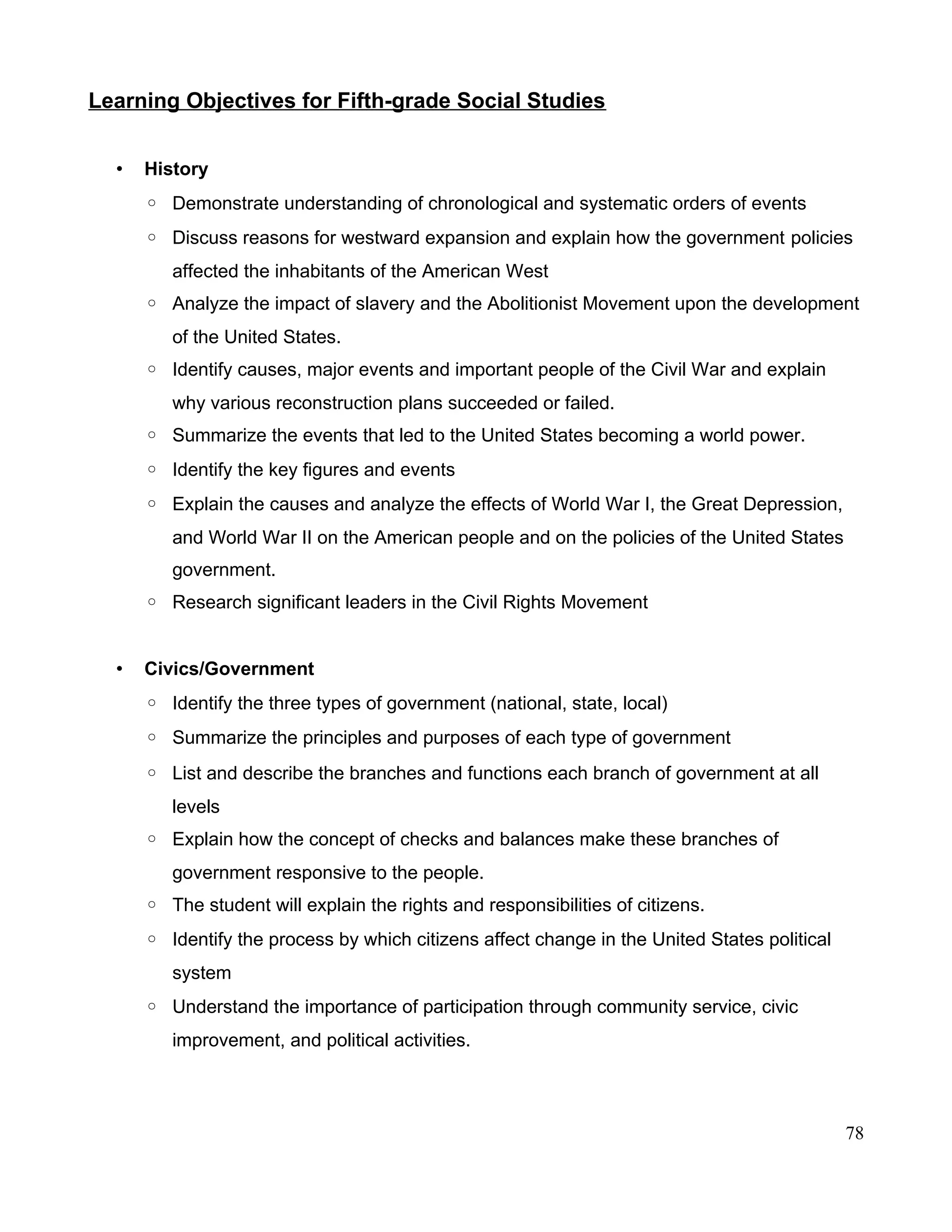 Learning Objectives for Fifth-grade Social Studies
• History
◦ Demonstrate understanding of chronological and systematic orders of events
◦ Discuss reasons for westward expansion and explain how the government policies
affected the inhabitants of the American West
◦ Analyze the impact of slavery and the Abolitionist Movement upon the development
of the United States.
◦ Identify causes, major events and important people of the Civil War and explain
why various reconstruction plans succeeded or failed.
◦ Summarize the events that led to the United States becoming a world power.
◦ Identify the key figures and events
◦ Explain the causes and analyze the effects of World War I, the Great Depression,
and World War II on the American people and on the policies of the United States
government.
◦ Research significant leaders in the Civil Rights Movement
• Civics/Government
◦ Identify the three types of government (national, state, local)
◦ Summarize the principles and purposes of each type of government
◦ List and describe the branches and functions each branch of government at all
levels
◦ Explain how the concept of checks and balances make these branches of
government responsive to the people.
◦ The student will explain the rights and responsibilities of citizens.
◦ Identify the process by which citizens affect change in the United States political
system
◦ Understand the importance of participation through community service, civic
improvement, and political activities.
78
 