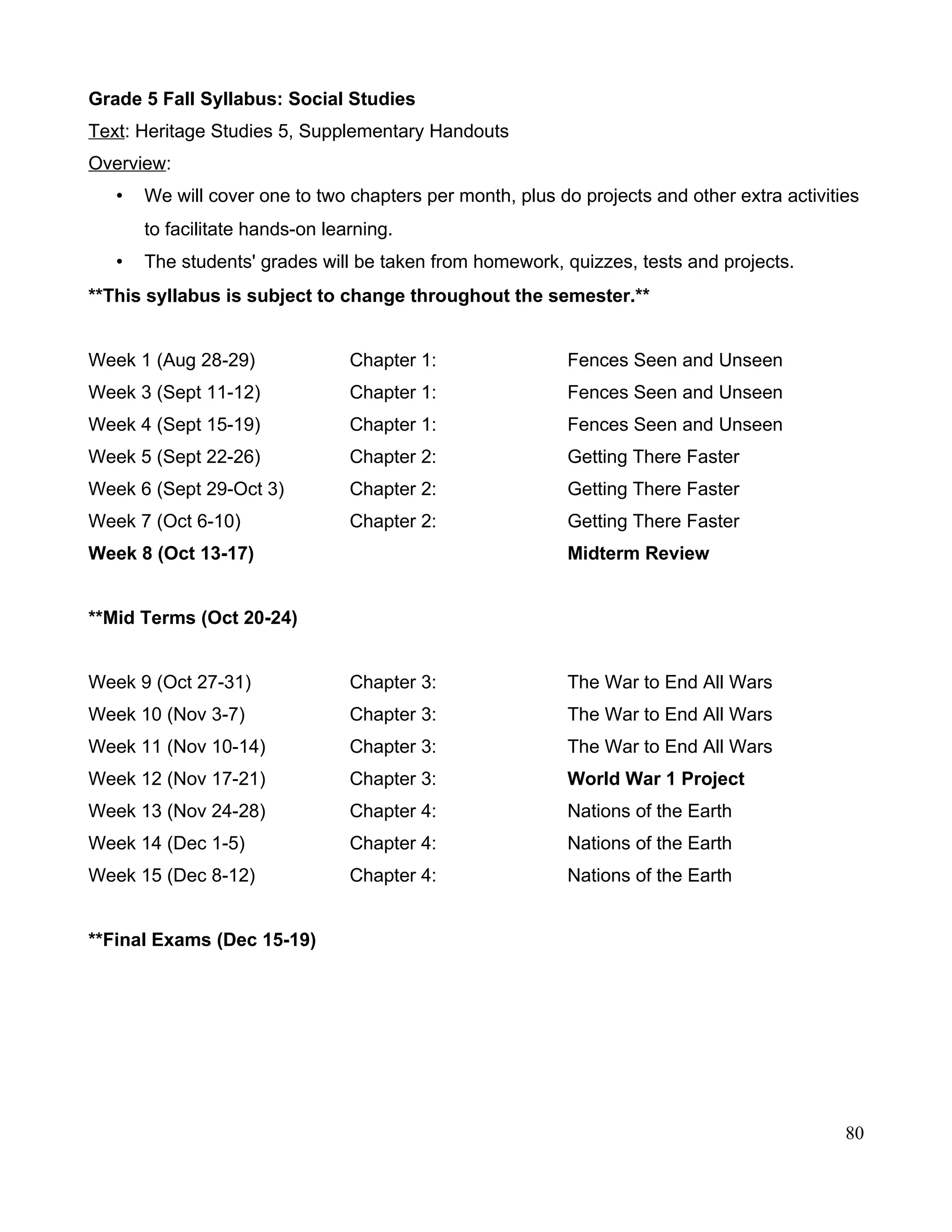 Grade 5 Fall Syllabus: Social Studies
Text: Heritage Studies 5, Supplementary Handouts
Overview:
• We will cover one to two chapters per month, plus do projects and other extra activities
to facilitate hands-on learning.
• The students' grades will be taken from homework, quizzes, tests and projects.
**This syllabus is subject to change throughout the semester.**
Week 1 (Aug 28-29) Chapter 1: Fences Seen and Unseen
Week 3 (Sept 11-12) Chapter 1: Fences Seen and Unseen
Week 4 (Sept 15-19) Chapter 1: Fences Seen and Unseen
Week 5 (Sept 22-26) Chapter 2: Getting There Faster
Week 6 (Sept 29-Oct 3) Chapter 2: Getting There Faster
Week 7 (Oct 6-10) Chapter 2: Getting There Faster
Week 8 (Oct 13-17) Midterm Review
**Mid Terms (Oct 20-24)
Week 9 (Oct 27-31) Chapter 3: The War to End All Wars
Week 10 (Nov 3-7) Chapter 3: The War to End All Wars
Week 11 (Nov 10-14) Chapter 3: The War to End All Wars
Week 12 (Nov 17-21) Chapter 3: World War 1 Project
Week 13 (Nov 24-28) Chapter 4: Nations of the Earth
Week 14 (Dec 1-5) Chapter 4: Nations of the Earth
Week 15 (Dec 8-12) Chapter 4: Nations of the Earth
**Final Exams (Dec 15-19)
80
 