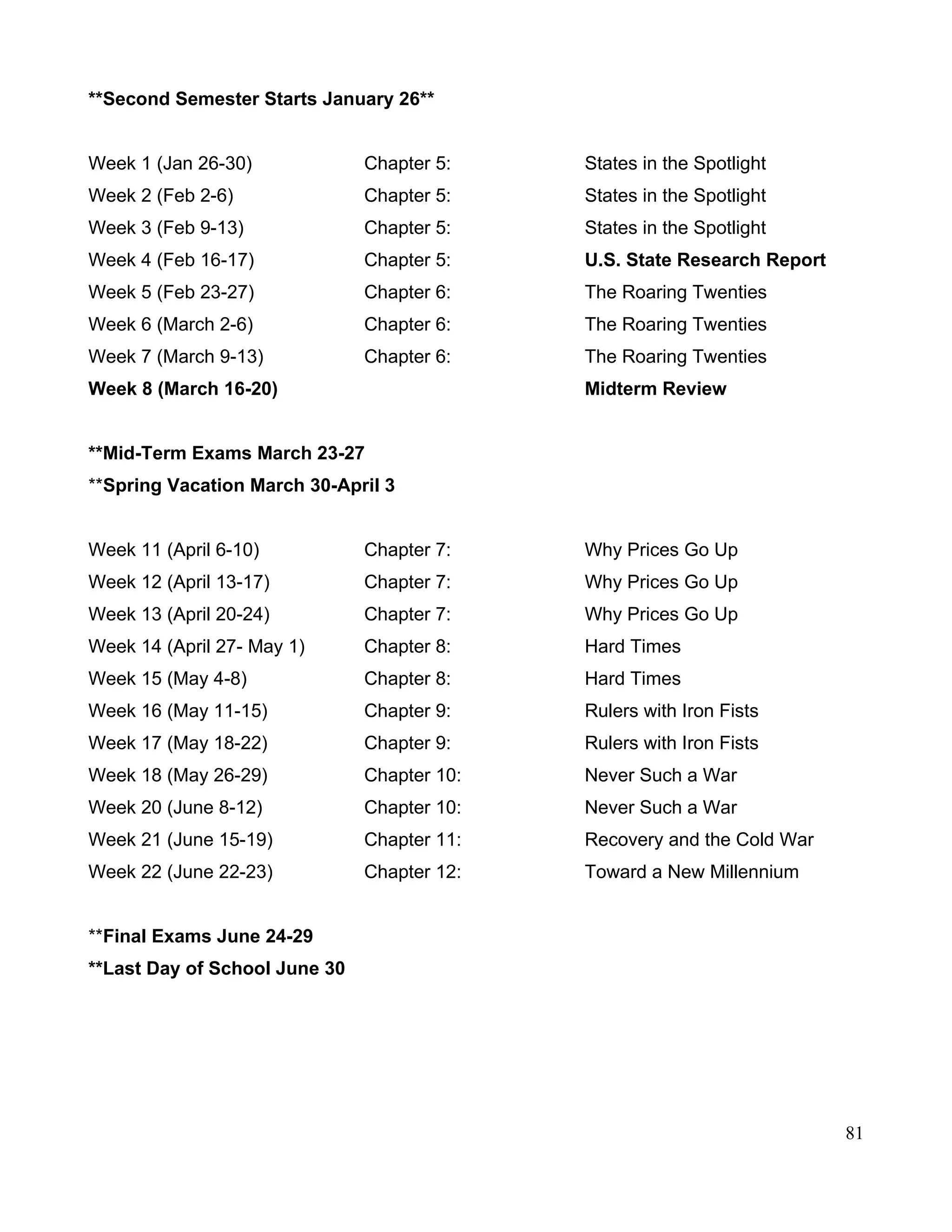 **Second Semester Starts January 26**
Week 1 (Jan 26-30) Chapter 5: States in the Spotlight
Week 2 (Feb 2-6) Chapter 5: States in the Spotlight
Week 3 (Feb 9-13) Chapter 5: States in the Spotlight
Week 4 (Feb 16-17) Chapter 5: U.S. State Research Report
Week 5 (Feb 23-27) Chapter 6: The Roaring Twenties
Week 6 (March 2-6) Chapter 6: The Roaring Twenties
Week 7 (March 9-13) Chapter 6: The Roaring Twenties
Week 8 (March 16-20) Midterm Review
**Mid-Term Exams March 23-27
**Spring Vacation March 30-April 3
Week 11 (April 6-10) Chapter 7: Why Prices Go Up
Week 12 (April 13-17) Chapter 7: Why Prices Go Up
Week 13 (April 20-24) Chapter 7: Why Prices Go Up
Week 14 (April 27- May 1) Chapter 8: Hard Times
Week 15 (May 4-8) Chapter 8: Hard Times
Week 16 (May 11-15) Chapter 9: Rulers with Iron Fists
Week 17 (May 18-22) Chapter 9: Rulers with Iron Fists
Week 18 (May 26-29) Chapter 10: Never Such a War
Week 20 (June 8-12) Chapter 10: Never Such a War
Week 21 (June 15-19) Chapter 11: Recovery and the Cold War
Week 22 (June 22-23) Chapter 12: Toward a New Millennium
**Final Exams June 24-29
**Last Day of School June 30
81
 