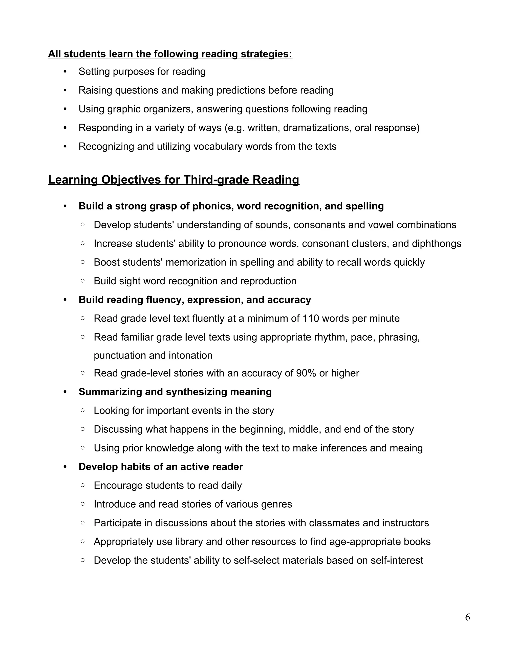 All students learn the following reading strategies:
• Setting purposes for reading
• Raising questions and making predictions before reading
• Using graphic organizers, answering questions following reading
• Responding in a variety of ways (e.g. written, dramatizations, oral response)
• Recognizing and utilizing vocabulary words from the texts
Learning Objectives for Third-grade Reading
• Build a strong grasp of phonics, word recognition, and spelling
◦ Develop students' understanding of sounds, consonants and vowel combinations
◦ Increase students' ability to pronounce words, consonant clusters, and diphthongs
◦ Boost students' memorization in spelling and ability to recall words quickly
◦ Build sight word recognition and reproduction
• Build reading fluency, expression, and accuracy
◦ Read grade level text fluently at a minimum of 110 words per minute
◦ Read familiar grade level texts using appropriate rhythm, pace, phrasing,
punctuation and intonation
◦ Read grade-level stories with an accuracy of 90% or higher
• Summarizing and synthesizing meaning
◦ Looking for important events in the story
◦ Discussing what happens in the beginning, middle, and end of the story
◦ Using prior knowledge along with the text to make inferences and meaing
• Develop habits of an active reader
◦ Encourage students to read daily
◦ Introduce and read stories of various genres
◦ Participate in discussions about the stories with classmates and instructors
◦ Appropriately use library and other resources to find age-appropriate books
◦ Develop the students' ability to self-select materials based on self-interest
6
 