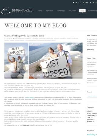 WELCOME TO MY BLOG
RSS Feed Read
To subscribe to Es
feeds in your feed
the URL and past
RSS Aggregator
Subscribe
Latest Posts
Hotel dei Cavalieri -
Turkish Wedding
 2016-01-15
Villa Serbelloni - Bel
Cinderella Wedding
 2015-10-19
Belmond Villa Sant'A
Taormina - American
 2015-10-17
Search
type and hit enter
Categories
ALBUM (1)
ARTICLE FOR BRIDE
ENGAGEMENT (4)
EVENT (4)
PERSONAL (3)
WEDDING (11)
Tag Cloud
wedding we
       
Varenna Wedding at Villa Cipressi Lake ComoVarenna Wedding at Villa Cipressi Lake Como
 2014-06-14  Lake Como wedding photographer, Villa Cipressi wedding, Lake Como wedding, Destination wedding Italy, Wedding photography,
Ceremony locations, Reception locations, Civil ceremony locations, Outdoor ceremony locations, Wedding
We had the honour of capturing Ruth and Robert’s magical wedding day in Varenna, on Lake Como’s eastern shores, and thought we’d
share some of the highlights from their special day.
The couple, from the UK, wanted a journalistic-style photographer in Italy, and chose us to capture their story.
We joined Ruth and Robert at 2pm on their big day. First on the agenda was photographing the couple and their two adorable children,
Dexter and Rose, getting ready at their villa, and then making their way to their ceremony in style on traditional Italian boats.
Their wedding ceremony took place in Villa Cipressi’s beautiful flower-filled gardens, overlooking the lake. We got plenty of pre-wedding
shots of the venue before the couple arrived and, of course, photographed the ‘I do’s’, the signing of the register and cocktails and canapés
that followed.
It was then time for the new newlyweds to board a boat and cross to the lake’s western shores, for their ceremony in Cadenabbia. Their
family and friends got a taste of the high-life action, too, and followed on a separate boat.
The party arrived at the postcard-pretty Lucia Estate just after 6pm for more cocktails and canapés – well, why not! – followed by a
wonderful al fresco wedding dinner, the speeches and dancing. As with Ruth and Robert’s ceremony, we arrived ahead of the guests to
photograph the venue before they arrived.
As you can see, with our wedding photography it’s all in the detail. As well as bringing the emotion and atmosphere of the day to life, we
also catch all the little things you might otherwise miss on your big day.
Ruth and Robert, along with their family and friends, had a wonderful wedding day in Italy, as you can see – the pictures speak for
themselves!
Are you planning to tie the knot? Speak to us about how we can capture your big day.
HOME PORTFOLIO FOR BRIDES COLLECTION BLOG TESTIMONIALS
 