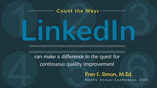 5 6
321
can make a difference in the quest for
continuous quality improvement
Count the Ways
LinkedIn
Fran S. Simon, M.Ed.
N A E Y C A n n u a l C o n f e r e n c e , 2 0 1 5
4
 