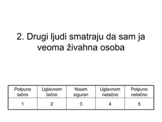2. Drugi ljudi smatraju da sam ja
veoma živahna osoba
54321
Potpuno
netačno
Uglavnom
netačno
Nisam
siguran
Uglavnom
tačno
Potpuno
tačno
 