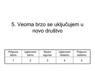 5. Veoma brzo se uključujem u
novo društvo
54321
Potpuno
netačno
Uglavnom
netačno
Nisam
siguran
Uglavnom
tačno
Potpuno
tačno
 