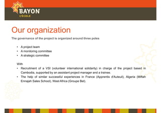 Our organization
The governance of the project is organized around three poles
• A project team
• A monitoring committee
• A strategic committee
With
• Recruitment of a VSI (volunteer international solidarity) in charge of the project based in
Cambodia, supported by an assistant project manager and a trainee.
• The help of similar successful experiences in France (Apprentis d'Auteuil), Algeria (Miftah
Ennajah Sales School), West Africa (Groupe Bel).
 