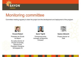 Monitoring committee
Vincent Robert
Président de l’Ecole
du Bayon
Ex-sales director of
Procter & Gamble,
Danone and
President Orangina-
Schweppes Int
Samir Tighilt
Entrepreneurship
manager at Apprentis
d’Auteuil
Gaston Albrecht
Project director at
Total
Committee meeting regularly to steer the project and the development and deployment of the program
 