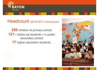 Headcount (2016-2017 school year)
250 children at primary school
121 « follow-up students » in public
secondary school
17 higher education students,
 