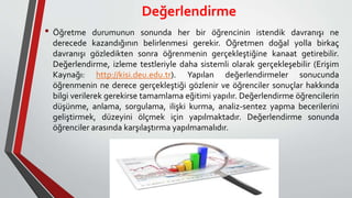 Değerlendirme
• Öğretme durumunun sonunda her bir öğrencinin istendik davranışı ne
derecede kazandığının belirlenmesi gerekir. Öğretmen doğal yolla birkaç
davranışı gözledikten sonra öğrenmenin gerçekleştiğine kanaat getirebilir.
Değerlendirme, izleme testleriyle daha sistemli olarak gerçekleşebilir (Erişim
Kaynağı: http://kisi.deu.edu.tr). Yapılan değerlendirmeler sonucunda
öğrenmenin ne derece gerçekleştiği gözlenir ve öğrenciler sonuçlar hakkında
bilgi verilerek gerekirse tamamlama eğitimi yapılır. Değerlendirme öğrencilerin
düşünme, anlama, sorgulama, ilişki kurma, analiz-sentez yapma becerilerini
geliştirmek, düzeyini ölçmek için yapılmaktadır. Değerlendirme sonunda
öğrenciler arasında karşılaştırma yapılmamalıdır.
 