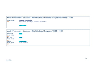 19
Jeudi 25 juillet Lausanne / Hôtel Mirabeau / Présentation écosystème aaa / 15:00 – 17:00
Workshop Introduction - participation libre et offerte gracieusement par aaa
Consacré à la présentation de l’Ecosystème aaa et ses espaces
15:00 – 17:00 Merci d’honorer vos boissons directement au bar de l’Hôtel Mirabeau www.mirabeau.ch
Littérature http://www2.deloitte.com/us/en/pages/operations/articles/business-ecosystems-come-of-age-video.html
“A historic transition in the world of business in the 21st century : In recent years an important idea has been spreading around the world –
that businesses of many shapes and sizes can thrive and serve customers better as participants in “ecosystems” – more collaborative and
varied, more adaptive and nimble than traditional industry structures and value chains.”
Nous vous invitons à faire connaissance mutuelle et optimiser cette heure et demie pour vous introduire gracieusement notre Ecosystème
de la Fondation Abissa Alliances Academy et l’articulation des espaces et activités.
Les «anciens» et/ou membres de aaa sont les bienvenus pour témoigner en quoi l’Ecosystème aaa leur apporte de la valeur.
 