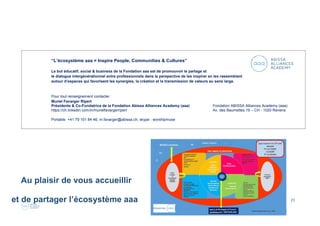 21
Mardi 20 septembre Lausanne / Hôtel Mirabeau / 3 espaces / 10:00 – 17:00
MATINALE “Veille stratégique et intelligence économique “
10:00 – 12:00 Albert Pélissier, Président, https://ch.linkedin.com/in/albertpelissierinformations/en, Pélissier & Perroud,
B/F www.sivppep.ch
BCL aaa “Titre à venir“
12:00 – 14:00 Albert Pélissier et Clusis, http://www.clusis.ch
B/F
Matinale et BCL animé par Paola Orlando Micolot, http://bit.ly/1U5Q30K
Cercle “Cybersécurité“, Frans Imbert & Co,Ubicom
15:00 – 17:00
B/F   
Jeudi 22 septembre Lausanne / Hôtel Mirabeau / 3 espaces / 10:00 – 17:00
MATINALE “Parlons peu…Parlons Cloud ! “
10:00 – 12:00 A l’heure où la mobilité s’accélère et le besoin de flexibilité est omniprésent, disposer et maintenir une infrastructure IT en interne est devenu un
B/F véritable challenge. Accompagnés d’une expérience utilisateur simple et d’un environnement sécurisé, les services hébergés et infogérés se présentent
désormais comme faisant partie intégrante du standard des systèmes d’information. Découvrons ensemble l’évolution de l’infrastructure IT de ces
dernières années. Romain Armadeil, Renaud Lassablière, https://ch.linkedin.com/in/renaudkisslabs,
Patrick Contat, https://ch.linkedin.com/in/patrick-contat-75883847/en, Kisslabs, www.kisslabs.ch
BCL aaa “Gouvernance digitale appliquée“
12:00 – 14:00 Patrick Joset, directeur général, https://ch.linkedin.com/in/patrickjoset, Abissa, http://www.abissa.ch
B/F Montrer qu’une démarche de bonne gouvernance digitale n’est pas nécessairement complexe. Elle est même
indispensable à toute organisation confrontée aux défis numériques… »
14 :45-16 :45 Introduction aaa – voir détail page suivante
Atelier “Renforcez la communication de vos collaborateurs par le portrait photo“
17:00 – 19:00 Stephanie Scheel, directrice, https://ch.linkedin.com/in/st%C3%A9phanie-scheel-0b952551/en, Art Linked
B/F www.artlinked.ch. Promouvoir l'Art dans l'entreprise par la réalisation d'events dans le domaine artistique et le
coaching de personnes par le théâtre. (12 personnes maximum, ouvert exclusivement aux DRH, dirigeants et chefs d’entreprise)
Animé par Tina Flodin, marketing consultant, https://ch.linkedin.com/in/tinaflodin, http://www.b2market.ch/
 