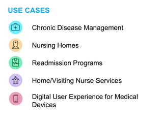 USE CASES
Chronic Disease Management
Nursing Homes
Readmission Programs
Home/Visiting Nurse Services
Digital User Experience for Medical
Devices
 