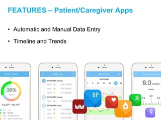 • Automatic and Manual Data Entry
• Timeline and Trends
FEATURES – Patient/Caregiver Apps
 