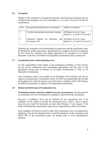 8
3.6 Exemption
Holders of the certificates of recognised Securities and Investment Institutes may be
exempted from all papers in Levels 1 and Papers 2.1, 2.2 and 2.3 in Level 2 of the CIS
examinations.
S/No Recognised Qualifications for Exemption Subjects Exempted
1
2
Certified International Investment Analyst
Chartered Institute for Securities and
Investment, UK
All Papers in Level 1 plus
Papers 2.1, 2.2 and 2.3 in Level 2
All Papers in Level 1 plus
Papers 2.1, 2.2 and 2.3 in Level 2
Eligibility for exemption will be determined on application and the qualification must
be obtained by written assessments. Applications for exemption must be accompanied
by the correct fee. Students must submit applications for exemption on or before
December 5 and June 5 for March and September Examination Entries respectively.
3.7 Examination Entry and Examination Fees
It is the responsibility of the student, as the examination candidate, to enter and pay
for the correct examinations and outstanding subscriptions and fees prior to the
appropriate closing date of January 31 for March Examinations or July 31 for
September Examinations.
Late examination entries are accepted at the discretion of the Institute and may be
subject to increased fees. Examination entries will NOT be accepted after the last date
of acceptance for a diet has passed. Late Entries have a deadline of the 15th February
for March Examinations or August 15 for September Examinations.
3.8 Refund and Deferment of Examination Fees
Examination entries cannot be withdrawn in any circumstances. The fees paid for
an examination will not be refunded if a candidate is absent from the examination.
However, a candidate’s entry may be deferred for one examination diet if the
candidate will be unable to attempt the examination due to illness. Such a request
must however reach the Secretariat not later than February 15 and August 15 for
March and September examinations respectively, supported by a medical certificate.
Such candidate will however need to make fresh examination entry accompanied by
appropriate fees for the subsequent diet in which he intends to sit the examination and
forfeit 50% of the examination paper fee already paid, to cover administrative
expenses.
 