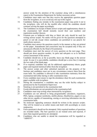 14
answer script for the attention of the examiner along with a simultaneous
report to the Examination Department for further necessary action.
13. Candidates must make sure that they receive the appropriate question paper
from the invigilator, so as to avoid any mix-up in this regard.
14. Candidates finding any mistake in the examination paper may point it out to
the invigilator, who will do the needful after which the candidate should
continue solving the paper accordingly.
15. The Candidates on receipt of blank answer scripts and supplementary sheets in
the examination hall should instantly record their seat numbers and
registration number thereon.
16. Fountain pen or ballpoint with blue or black ink only should be used for
writing answer scripts. No marks will be given for the questions attempted in
pencil or red ink except where candidates are permitted to use pencils for
multi-choice answers.
17. Candidate must answer the questions exactly in the manner as they are printed
on the paper. Amendments and corrections may be accepted only if they are
announced officially by the Head of Examination.
18. Candidates must start the answer of every question on the next page. They
should put down question number, its parts and sub-parts so as to facilitate
correct assessment of the answer.
19. Candidate should not, as far as possible, leave any blank page in the answer
script. In case it is unavoidable, candidates should put a cross line (/) meeting
the two ends of the blank page.
20. If so required, candidate may ask for additional supplementary sheets, graph
paper and required statistical tables from the invigilator.
21. The answer scripts and other submitted materials are the property of the
Institute and candidates must not in any circumstance remove them from the
exam halls. No candidate is allowed to take examination stationery from the
examination hall either during or after examination time.
22. Every candidate must ensure to sign the attendance sheet for each examination
paper available with invigilator.
23. During the examination, a candidate may use the toilet facility subject to
permission by the Examination Supervisor.
24. Smoking is not permitted in the examination hall.
25. Foods/refreshments are not permitted in the examination hall.
26. Candidates must stop writing when instructed by invigilators.
27. Candidates are not allowed to bring programmable calculators, organizers,
PDA, laptop, computer notebooks, mobile phones, blackberries, pagers or any
other device capable of transmitting, storing or receiving information into the
examination halls.
28. No irrelevant /appealing sentences should be written in the answers scripts.
This will be treated as an unfair means and dealt with accordingly as exam
malpractice.
29. Extra question(s) should not be attempted. Only required numbers of questions
are awarded marks. The best question (s) are treated extra and rejected, if
more than required questions are attempted.
30. Candidates who are unable to attend the examination will be regarded as
“ABSENT”.
 